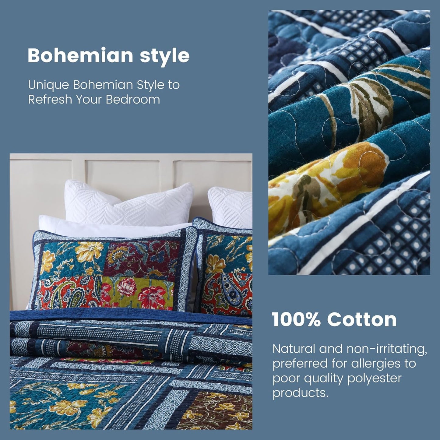 Secgo Queen Comforter Set for Bed - 100% Cotton Quilts Queen Size, Burgundy Bedspreads (90 * 98 Inch) with 2 Pillow Shams, Patchwork Reversible Lightweight Bedding