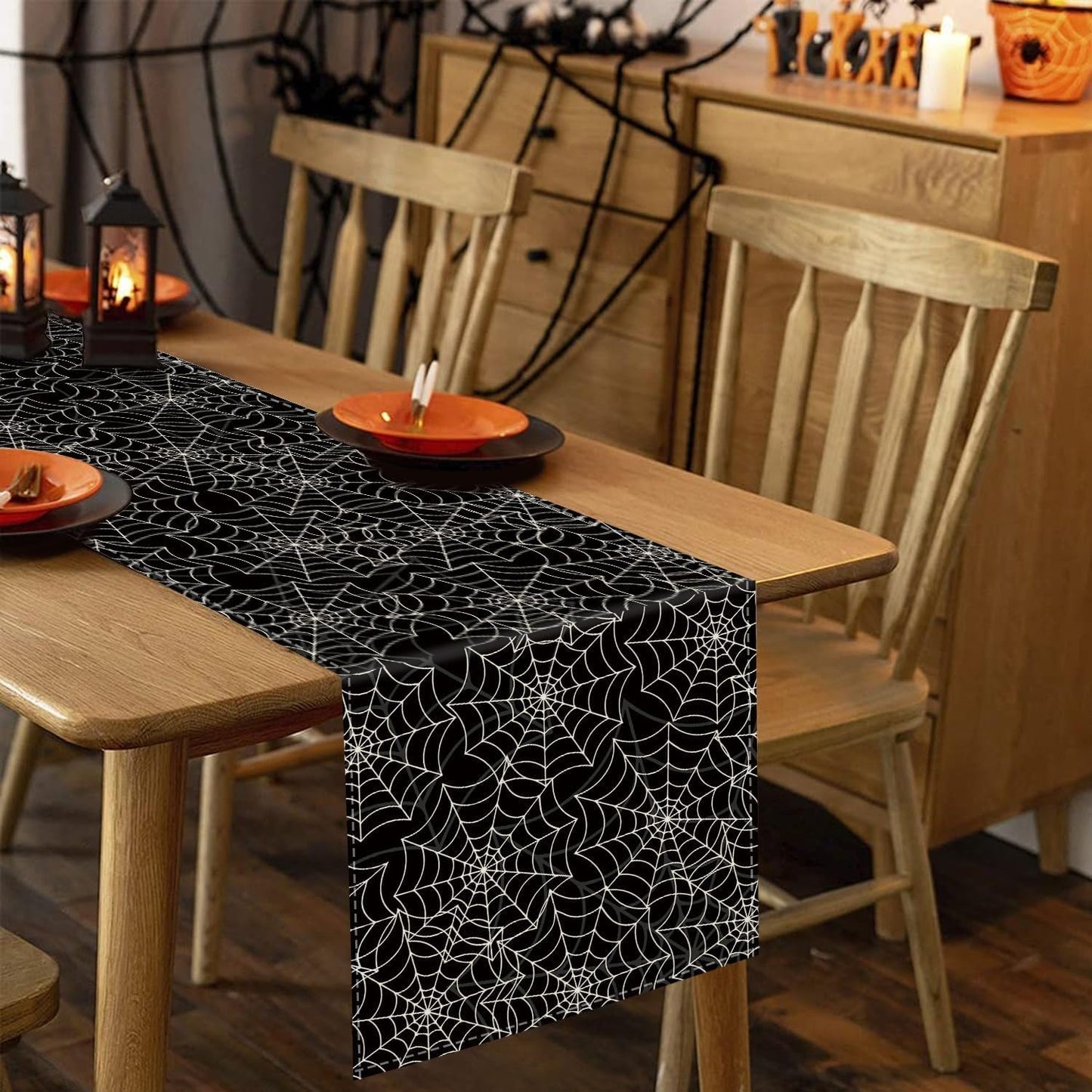 Halloween Table Runner Spider Web Black Linen Table Runners for Seasonal Holidays Indoor Outdoor Kitchen Dining Party Home Decor 13 x 90 Inch