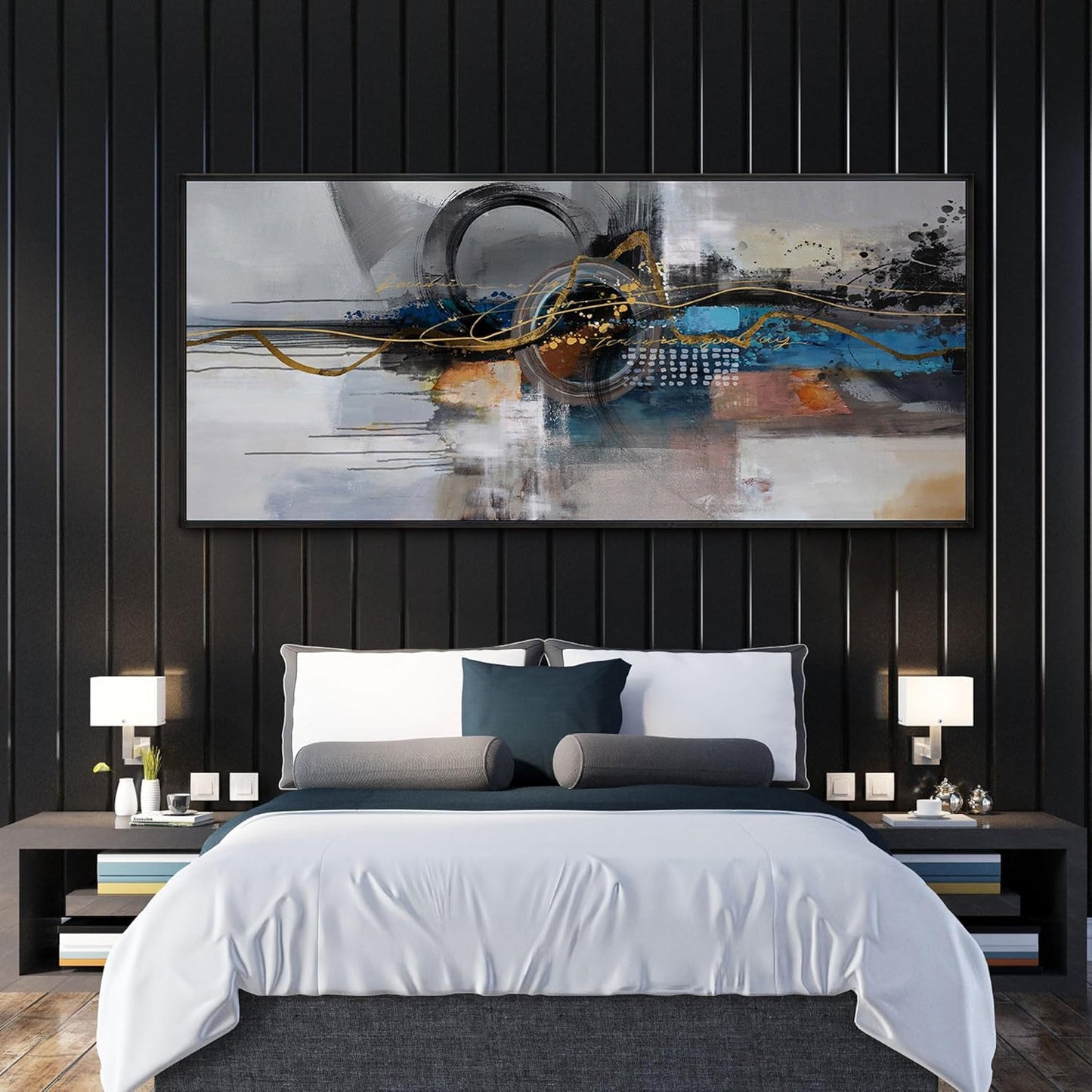 XLSJERST Oversized Wall Art for Living Room Abstract Wall Decor - City Abstract Pictures Extra Large Canvas Artwork for Bedroom Office Blue and Grey Wall Art