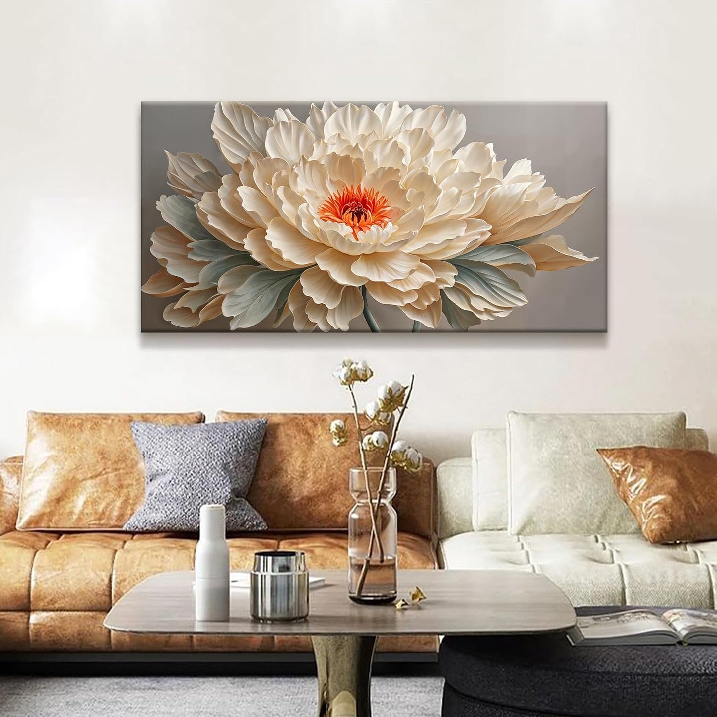 QSQ Canvas Art Wall Decor Yellow Floral Wall Art For Living Room Modern Canvas Decor White Flower Wall Art Prints Pictures For Bedroom Hotel Home Decoration 24 X 48 Inch