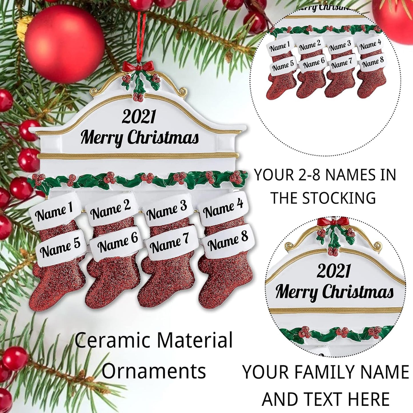 Personalized Christmas Ornaments Family of 2,3,4,5,6,7,8 Custom Christmas Stocking Ornaments with Names, Customized Xmas Day Home Christmas Tree Decora- Family of 3
