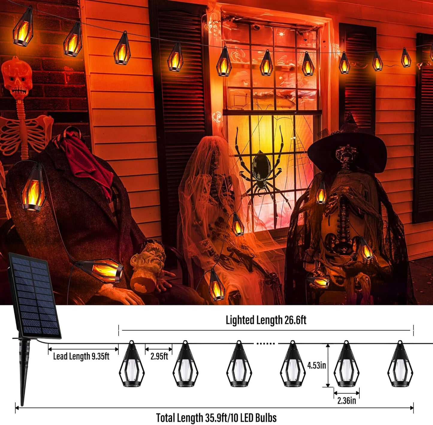iBaycon Solar Halloween Lights, 27Ft 10 LED Bulbs Flickering Flame String Light, Outdoor Waterproof Solar Flame Lights for Garden Yard Patio Halloween Decorations (Warm White)