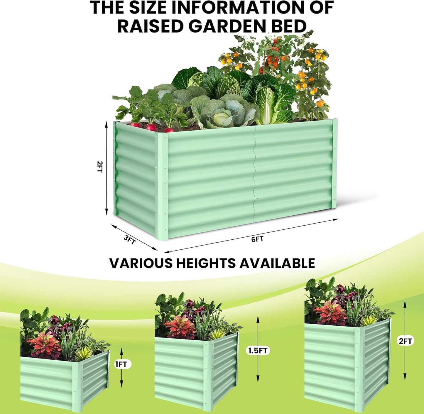 Large Outdoor Planter Boxes Kit Set of 2, 6x3x2ft Galvanized Raised Bed Planter with Open-Ended Base Design, Elevated for Outdoor Plants, Durable Raised Bed for Gardening,Green