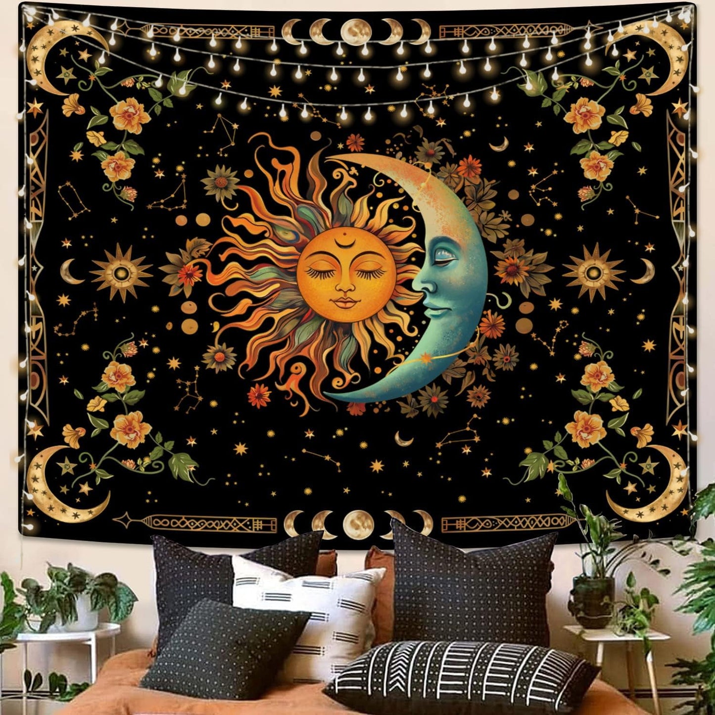 ARTCREATOR Sun and Moon Tapestry Astrology Space Wall Hanging Boho Hippie Floral Plant Tapestries Aesthetic Vintage Mandala Flower Decor for Living Room Bedroom (59" x 78")