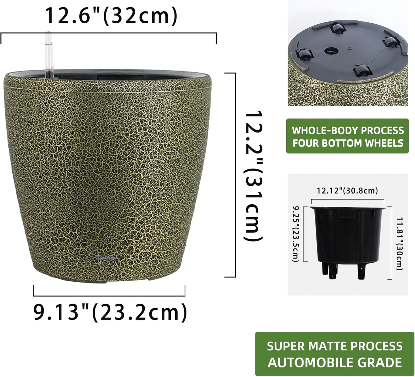 Dexceder 13x12 Self Watering Planter with Wheels Indoor Outdoor, Inner Pot Design, Thickened Large Floor Standing Flower Plant Pot with Water Level Indicator (Black Gold Crackle)