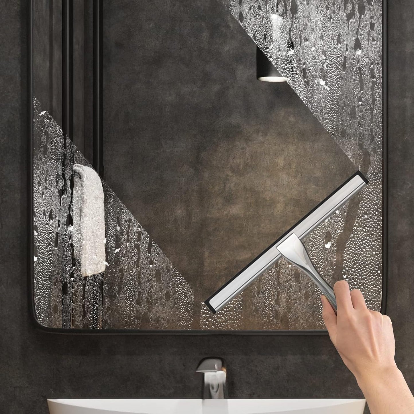 All-Purpose Stainless Steel Shower Squeegee for Shower Glass Door with 2 Adhesive Hooks, Bathroom Cleaner Tool Household Window Mirror Squeegee for Glass Doors, Cleaning Tile Wall, Car, 14 Inch Silver