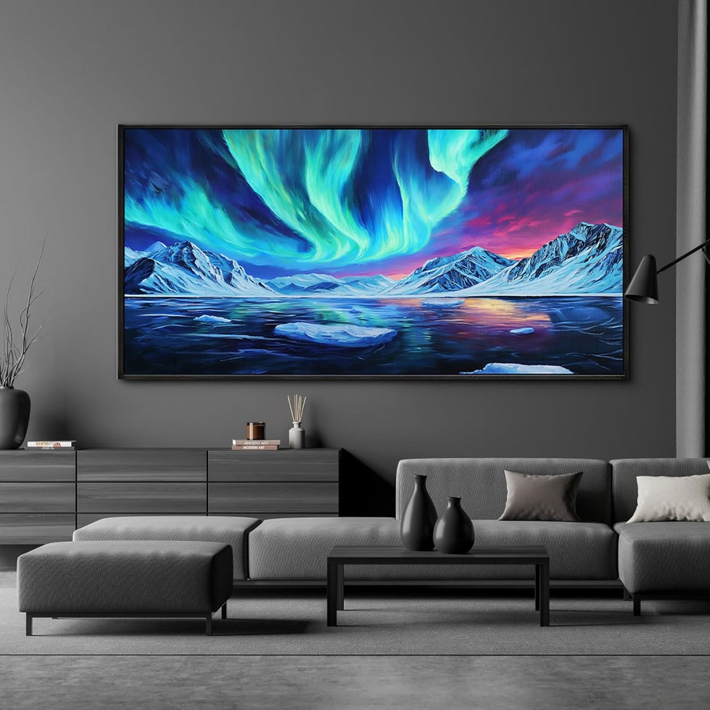 yiijeah Large Living Room Wall Decor - Canvas Wall Art Blue Aurora Scenery Paintings Framed Wall Pictures Artowrk for Walls Bedroom Nature Waterfall Landscape for Office Home Decor