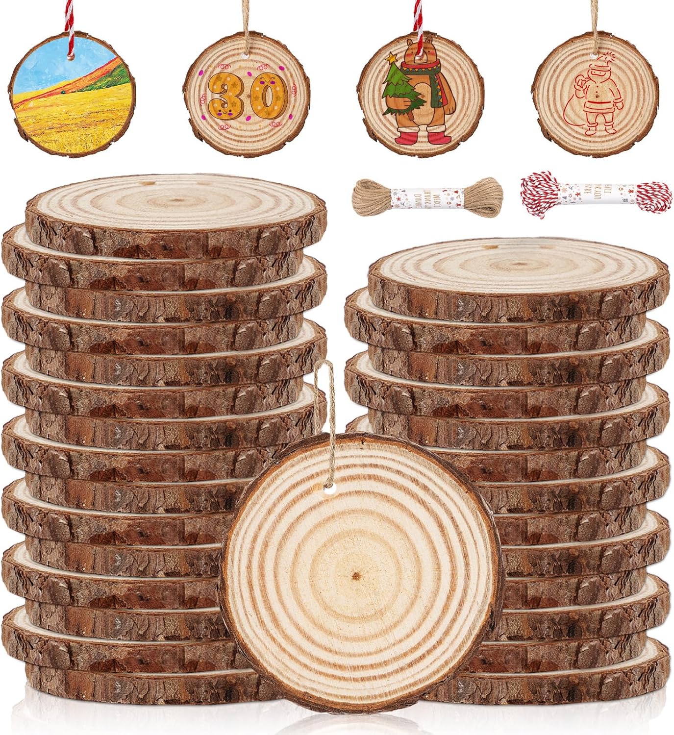 30 PCS Natural Unfinished Wood Crafts, 2.7" - 3.1" WoodRounds with Hole, Wood Ornaments WoodCircles for Crafts Doodle, Splice, Paint, Art, Decorate