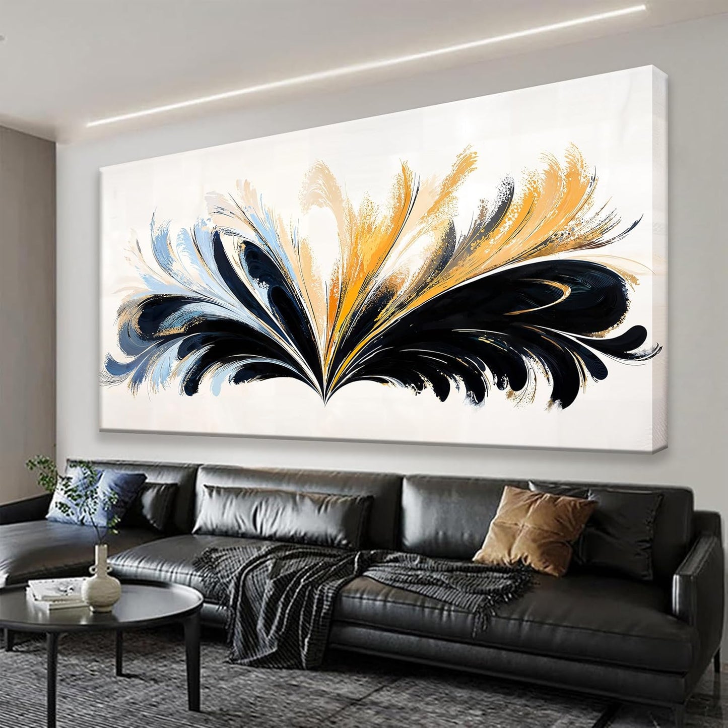 QSQ Black And Gold Abstract Wall Art Print Painting Canvas Art Wall Decor Artwork Abstract Blue Feather Wall Decor Pictures For Bedroom Kitchen Office Artwork 20 X 40 Inch Ready To Hang