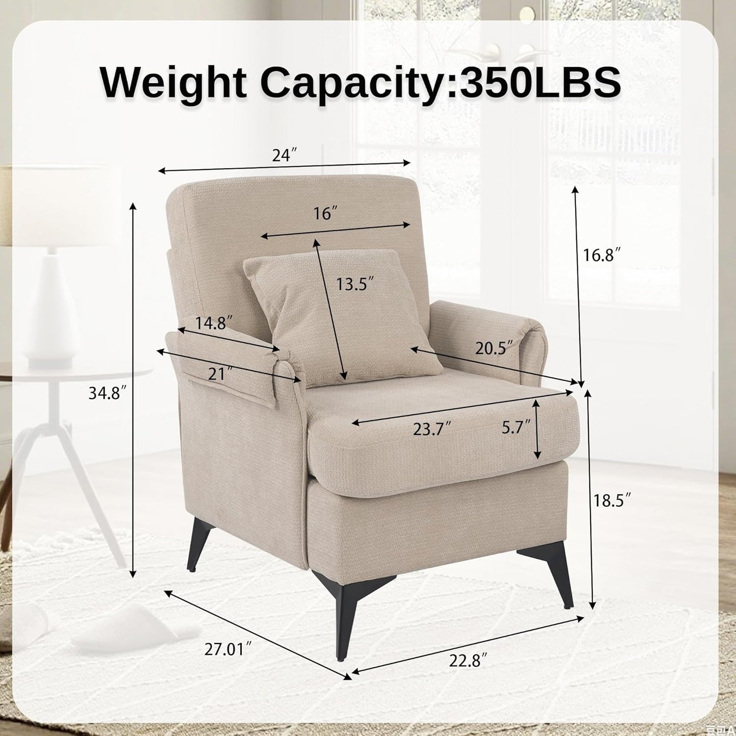 KCC Mid-Century Accent Chairs Set of 2,Chenille Modern Upholstered Single Sofa,Cozy Armchair with Back for Bedroom/Office/Cafe,Begie