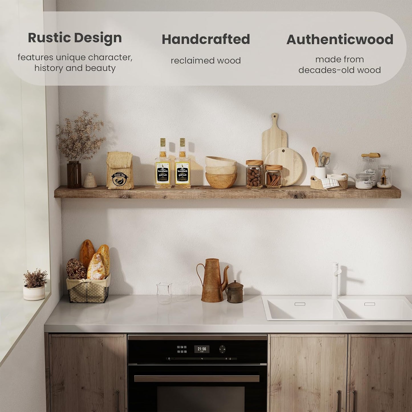 72 inch Floating Shelves for Wall, 8" Deep Rustic Reclaimed Barnwood Shelves, Floating Shelf Wall Hanging Shelves with Invisible Heavy-Duty Metal Bracket | Wall Mounted | Farmhouse Style, 1PC,Natural