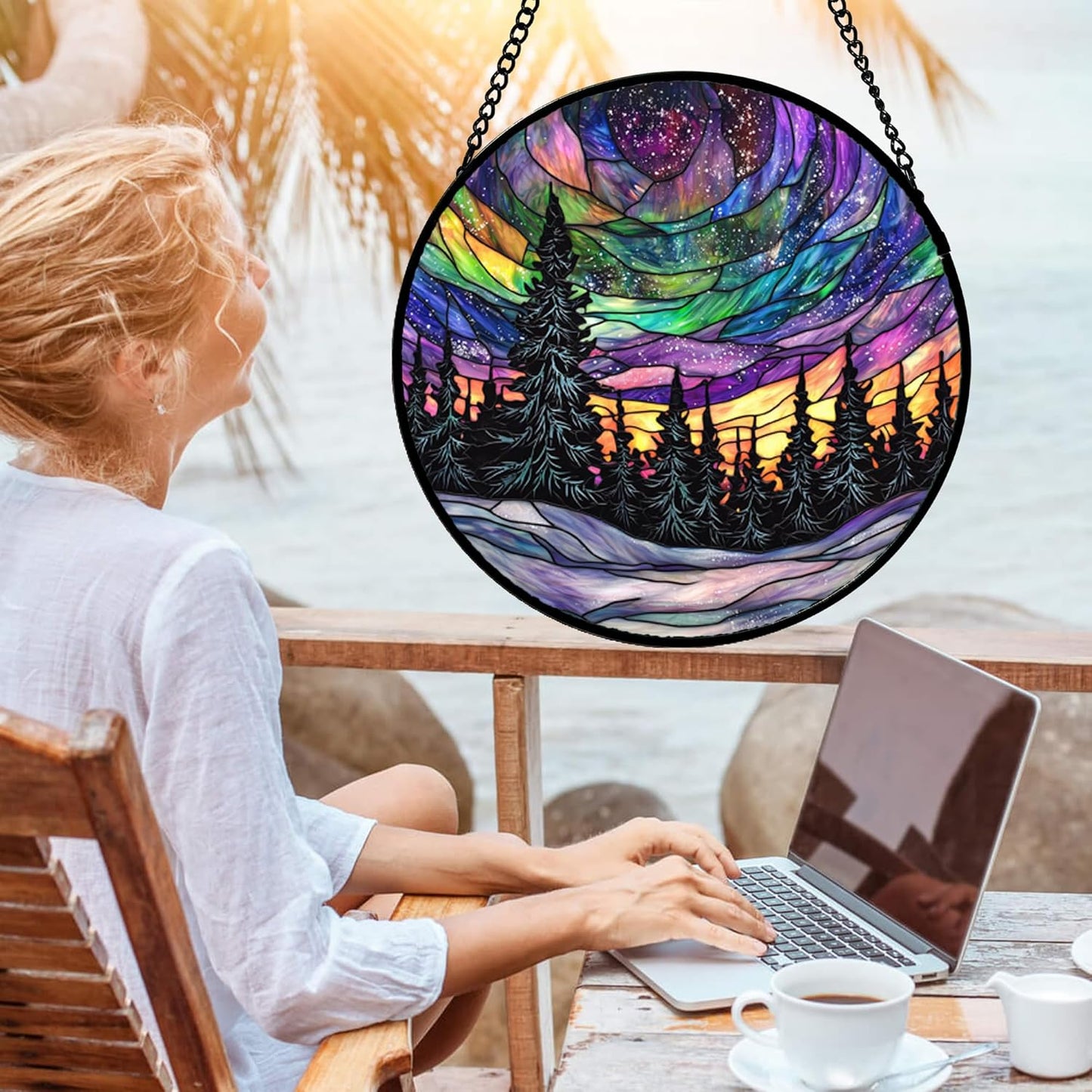 Stained Glass Window Hanging, Van Gogh Night Scene Sun Catchers Colorful Glass Panel Starry Sky Suncatcher Decor for Birthday for Women, Men, Wife, Aunt, and Mom 14.9x14.9 in