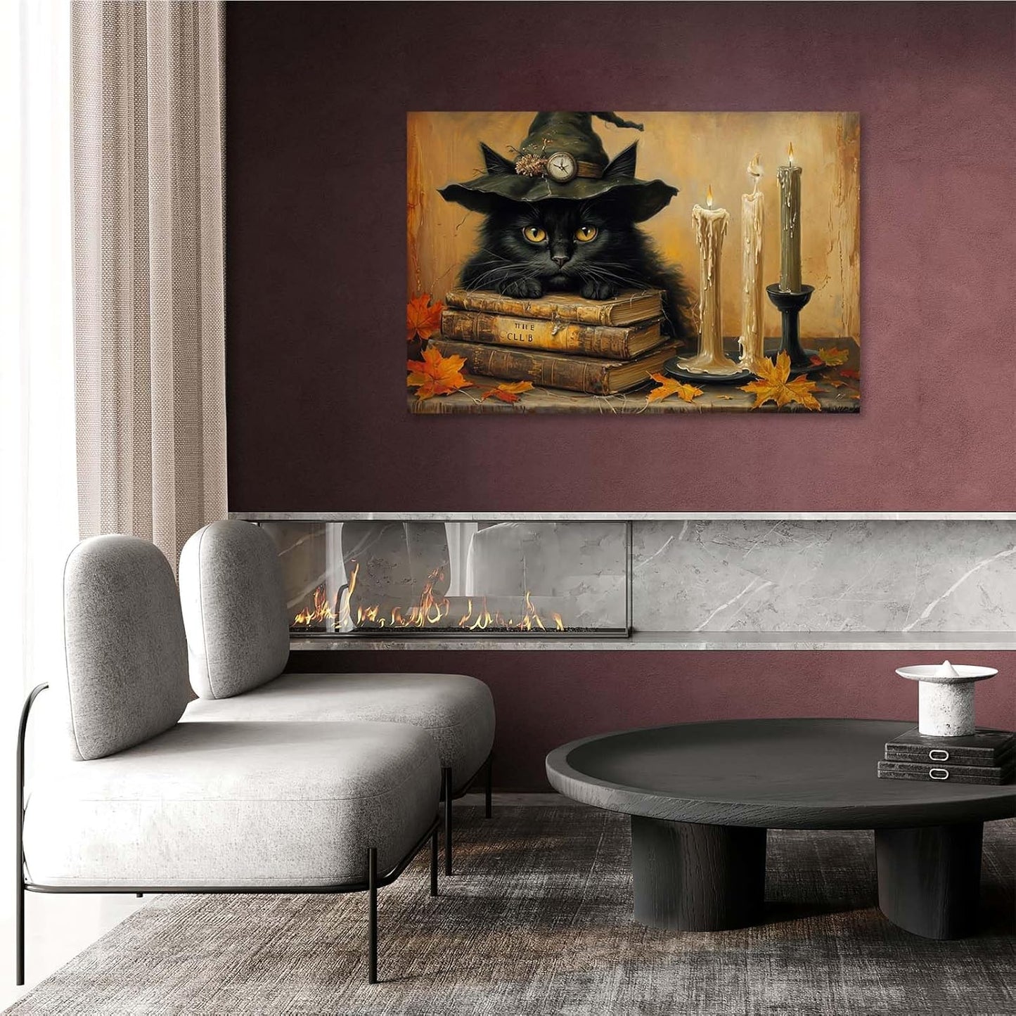 JFHCQJPK Vintage Halloween wall decoration black cat and magic book suitable for home bedroom living room decoration dark classic art witch wall decoration24x36in Frameless