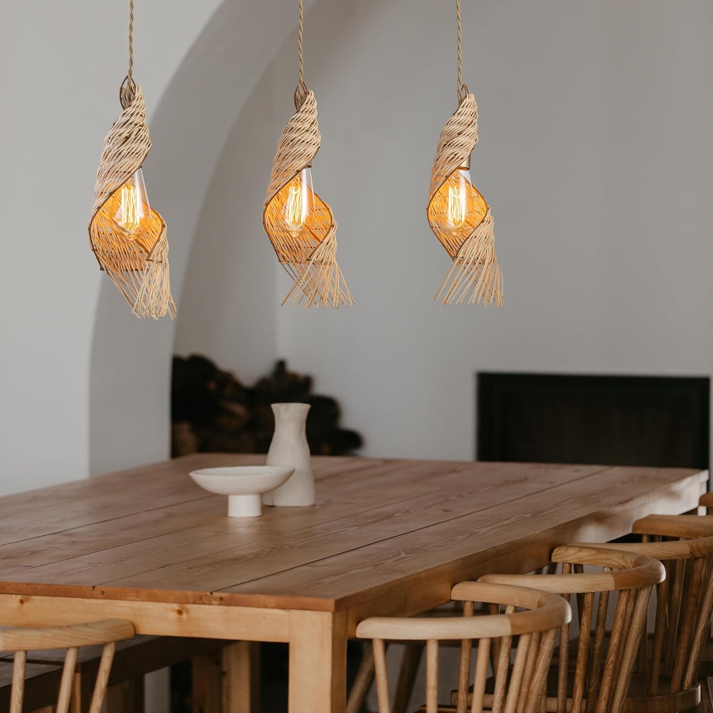 3-Light Modern Rattan Kitchen Island Pendant – Handmade Boho Ceiling Lamp – Spiral Woven Farmhouse Lighting 24" Wide