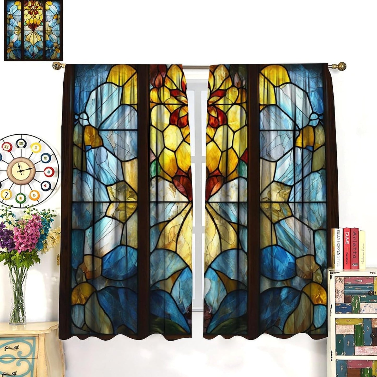 Stained Glass Curtains,Retro Abstract Colorful Art Home Decor Drapes for Bedroom Living Room Kitchen Window Treatment 2 Panels Set Total Size 42" W X 63" L Inch