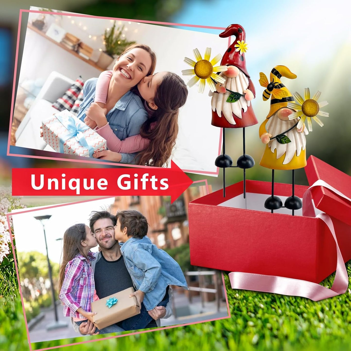 HONGLAND Gnome Metal Yard Art - Metal Gnome Statue -Gnome Outdoor Decorations - Bee and Ladybug Garden Statue- Christmas Holiday Lawn Patio Yard Garden Decor (Set of 2)