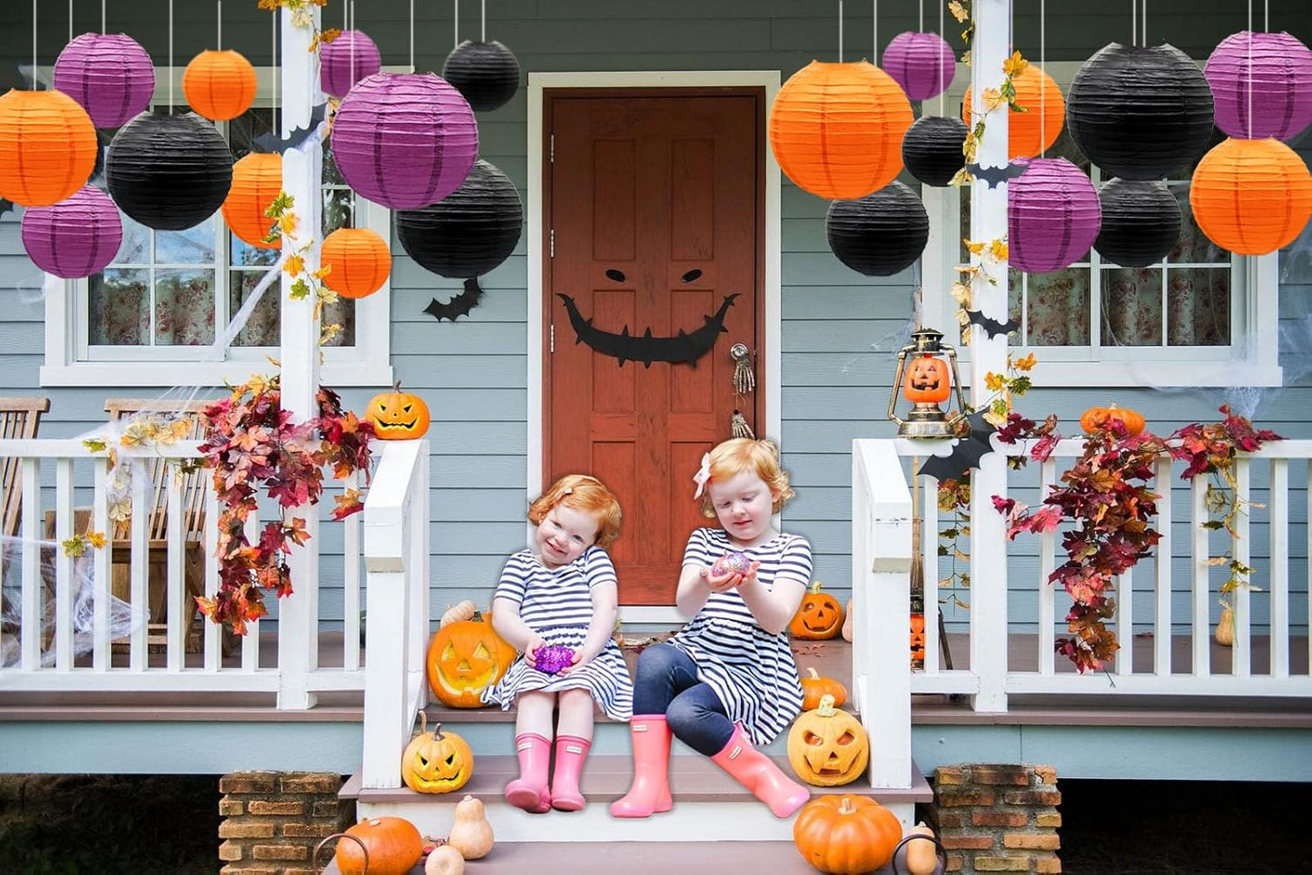 ADLKGG Paper Lanterns Party Decorations, Orange Purple Black Round Hanging Lanterns for Graduation Halloween Thanksgiving Birthday Party Decorations, 21pcs