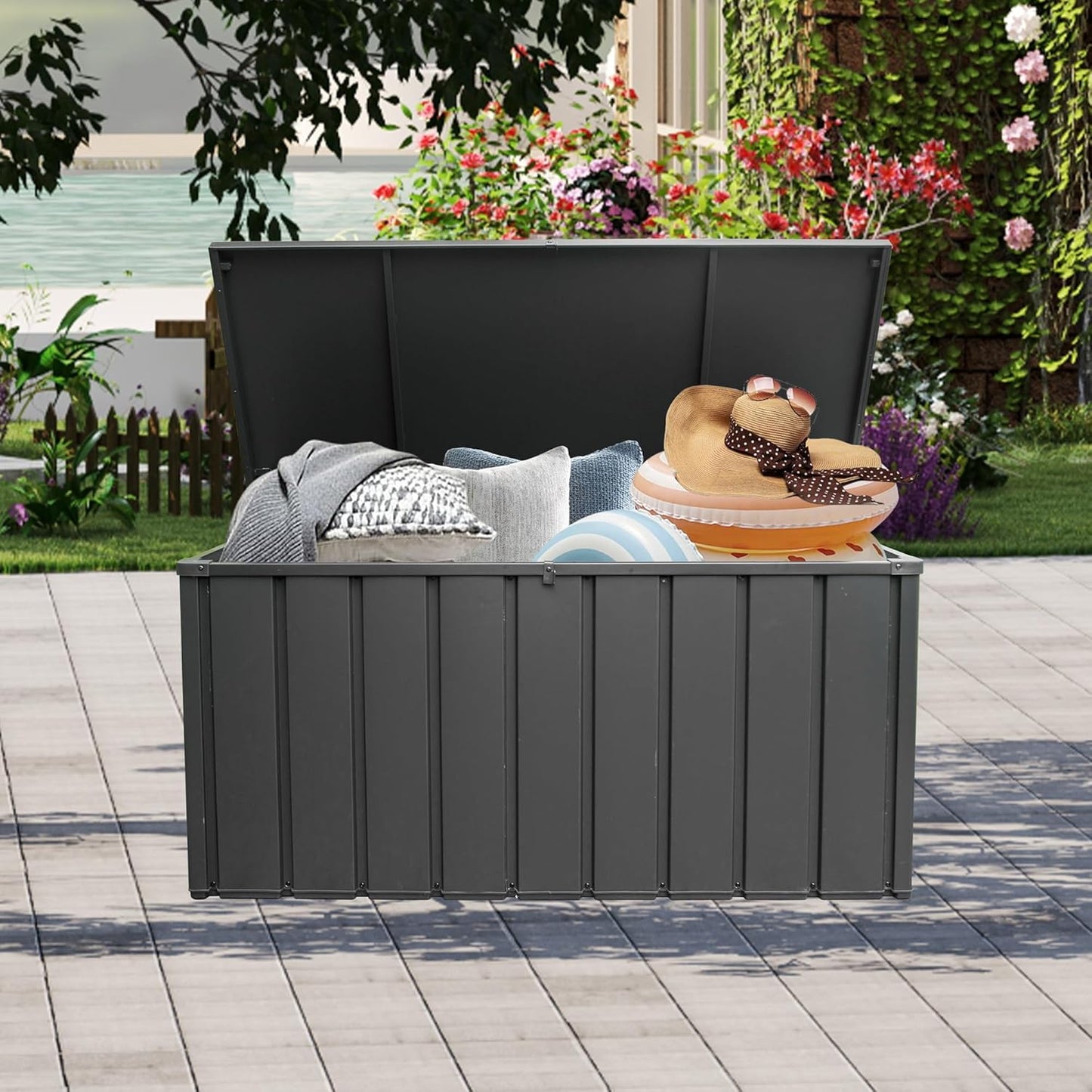 Domi 100 Gallon Deck Box, Outdoor Metal Lockable Storage Cabinet, Waterproof Steel Outdoor Bench with Lockable Lid, Side Handles & Rolling Casters for Outside Cushions, Pillows, Garden Tools, Grey