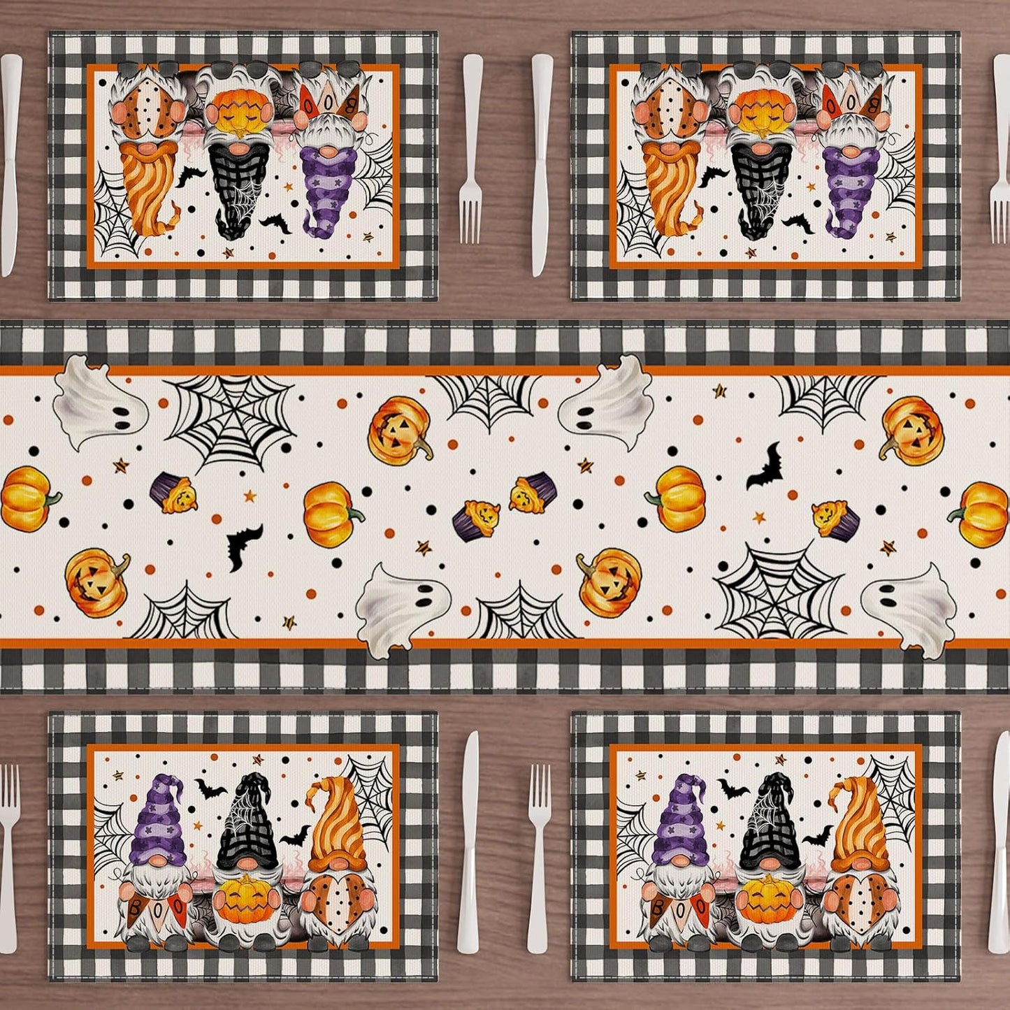 XCHI Spooky Boo Plaid Gnome Halloween Placemats Set of 4 Table Mats for Party Home Kitchen Dining Table Decorations 12x18 Inch