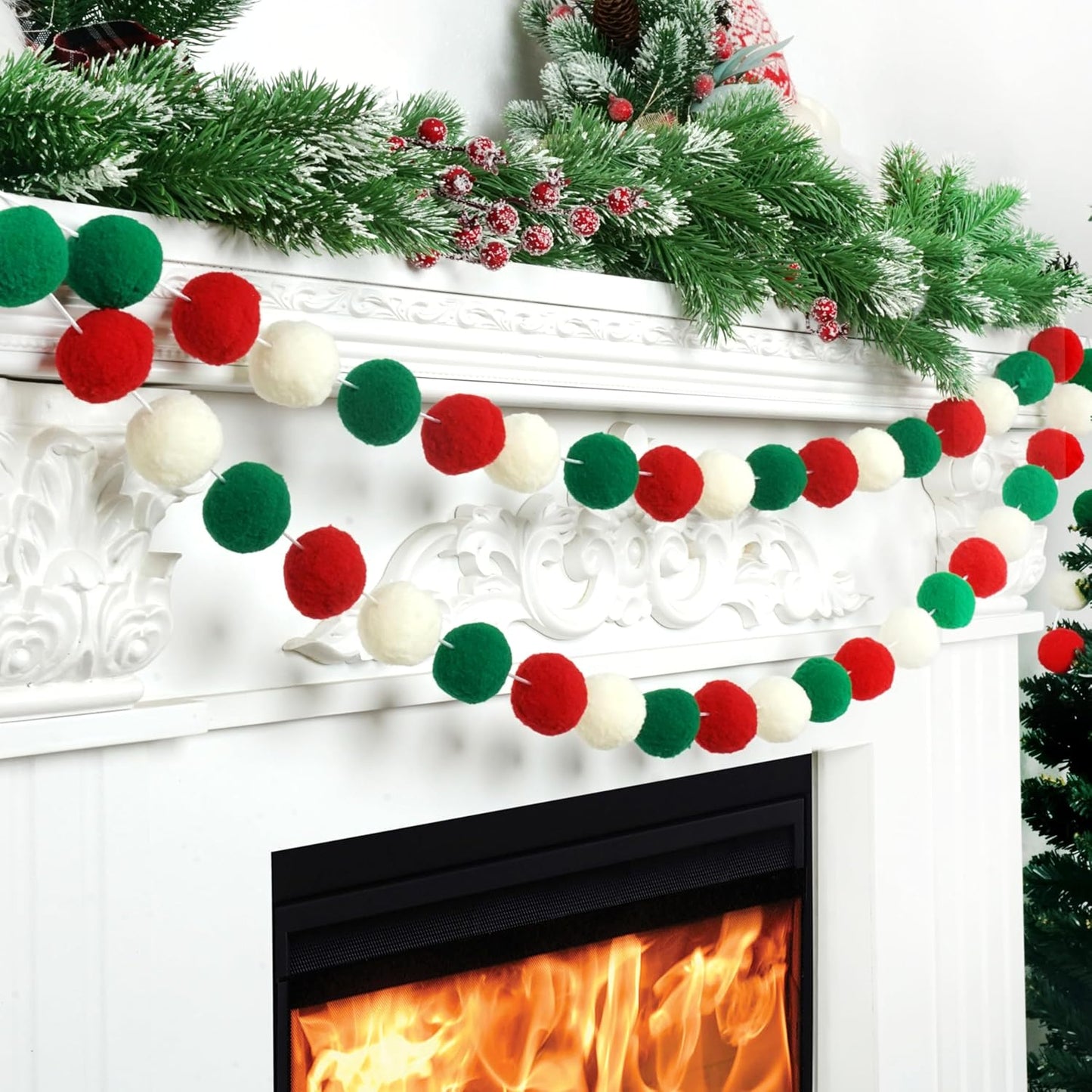 XmasExp Christmas Pom Pom Garland Decorations, Large Felt Ball Garland for Mantle, Indoor Home Decor, Tree Ornaments, Kids Room and Party Hanging Decor, 1.57" 13 Ft.