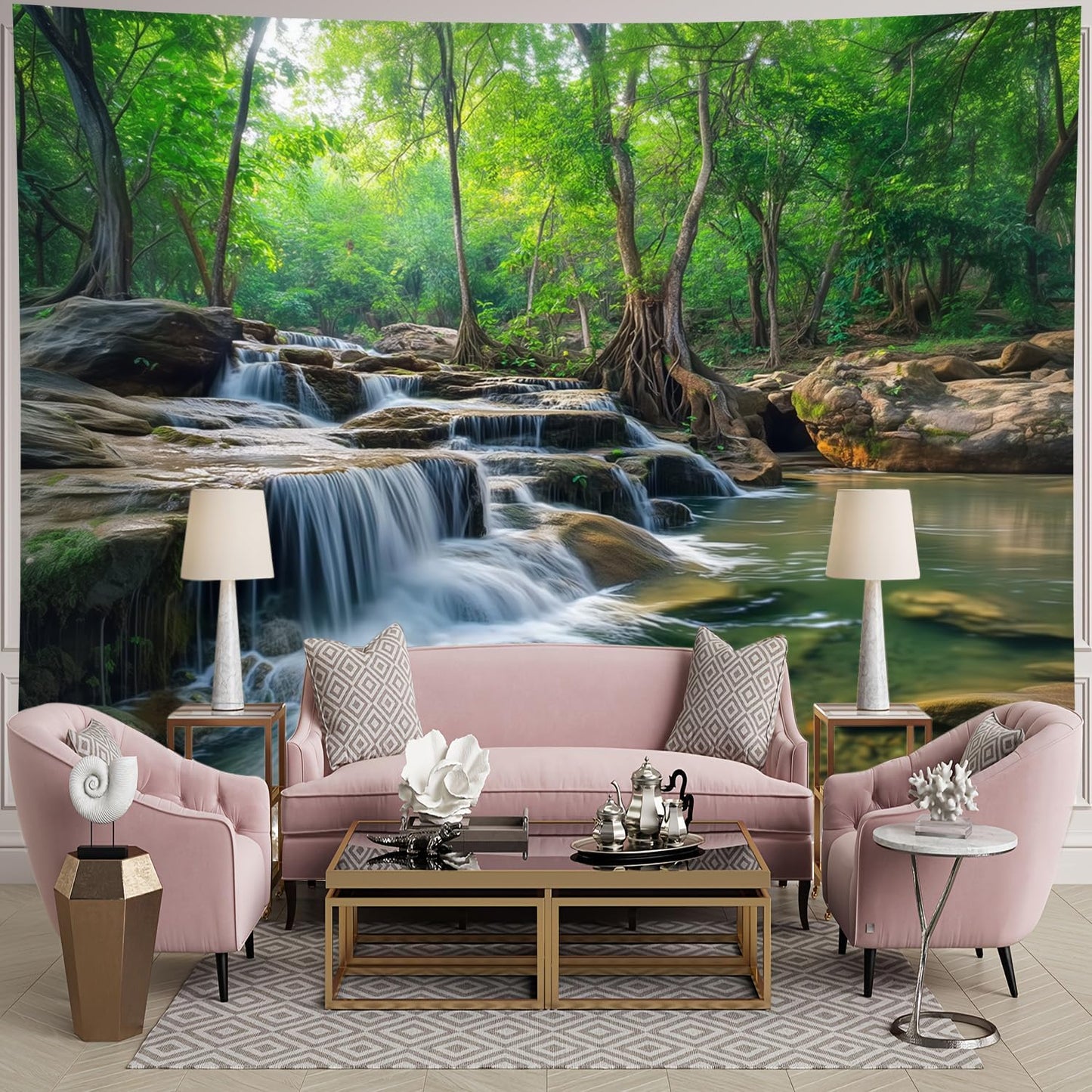 BSFHH Nature Tapestry Forest Tree Sea Cave Wall Hanging, Stream Through Rainforest Landscape Wall Art Tapestry for Bedroom Living room (Creek, 90"×70", Unframed)