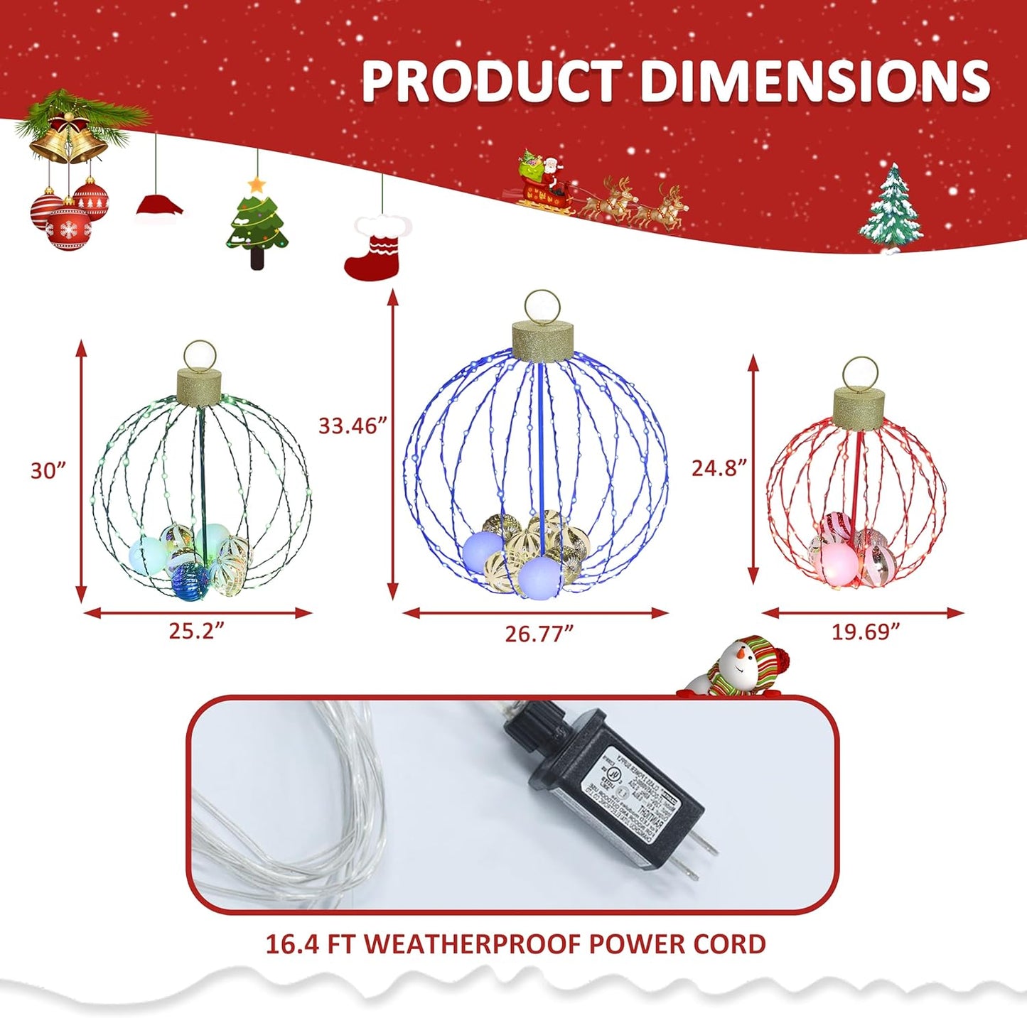 Outdoor Christmas Decorations, Set of 3 Lighted Christmas Ball Ornaments with 570 LED Lights, 6 Ground Stakes, Included 20 Small Plastic Xmas Ball Ornaments for Holiday Decor Yard