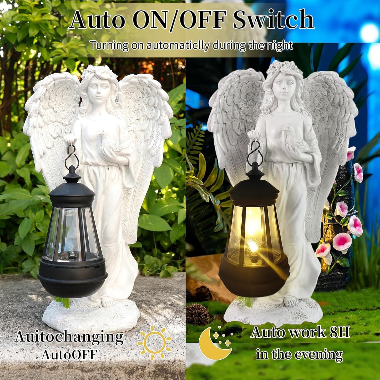 Solar Angel Garden Statue, Angel Figurine Outdoor Decor with Warm White Solar Lantern Garden Angel Figurine Outdoor Statue Waterproof Angel Sculpture Lawn Yard Art Patio Ornament Housewarming Gift
