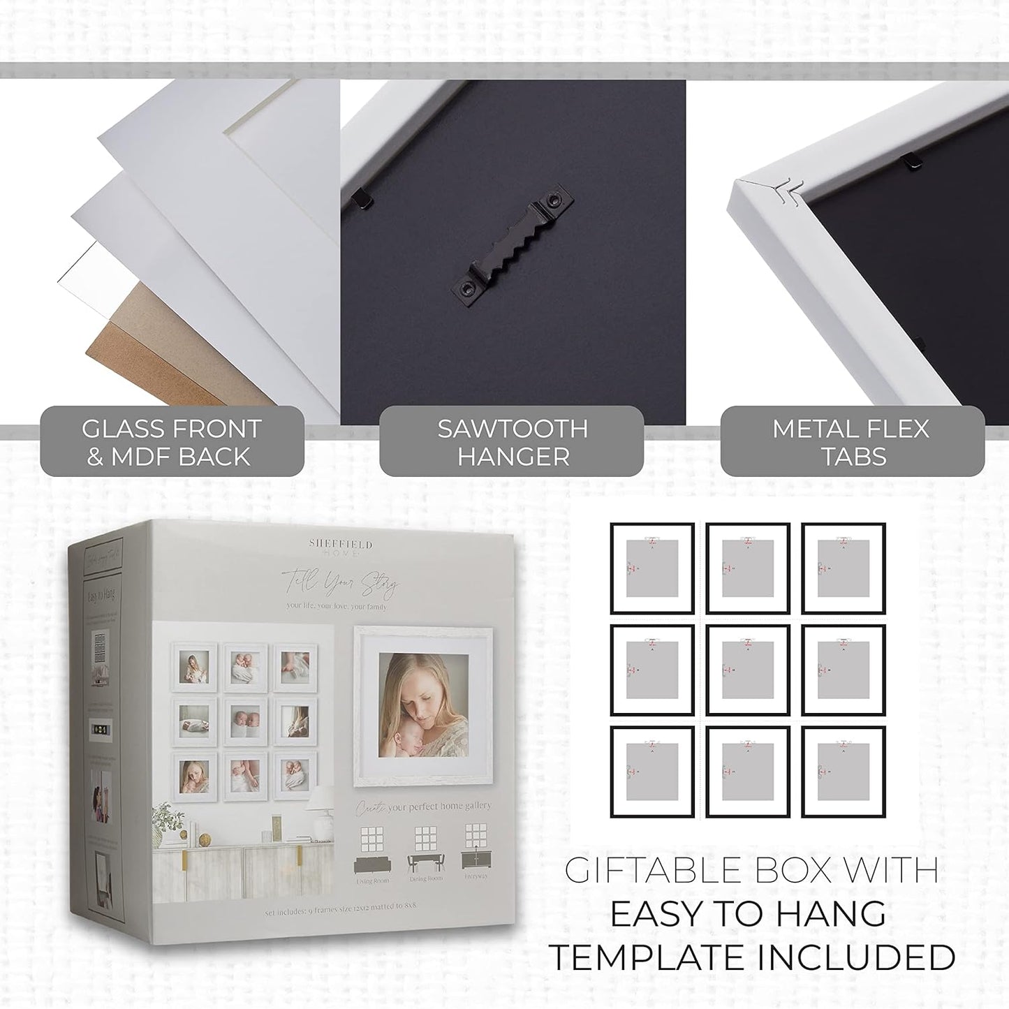 Sheffield Home 9 Piece Gallery Wall Frame Set, 12x12 Inch, White