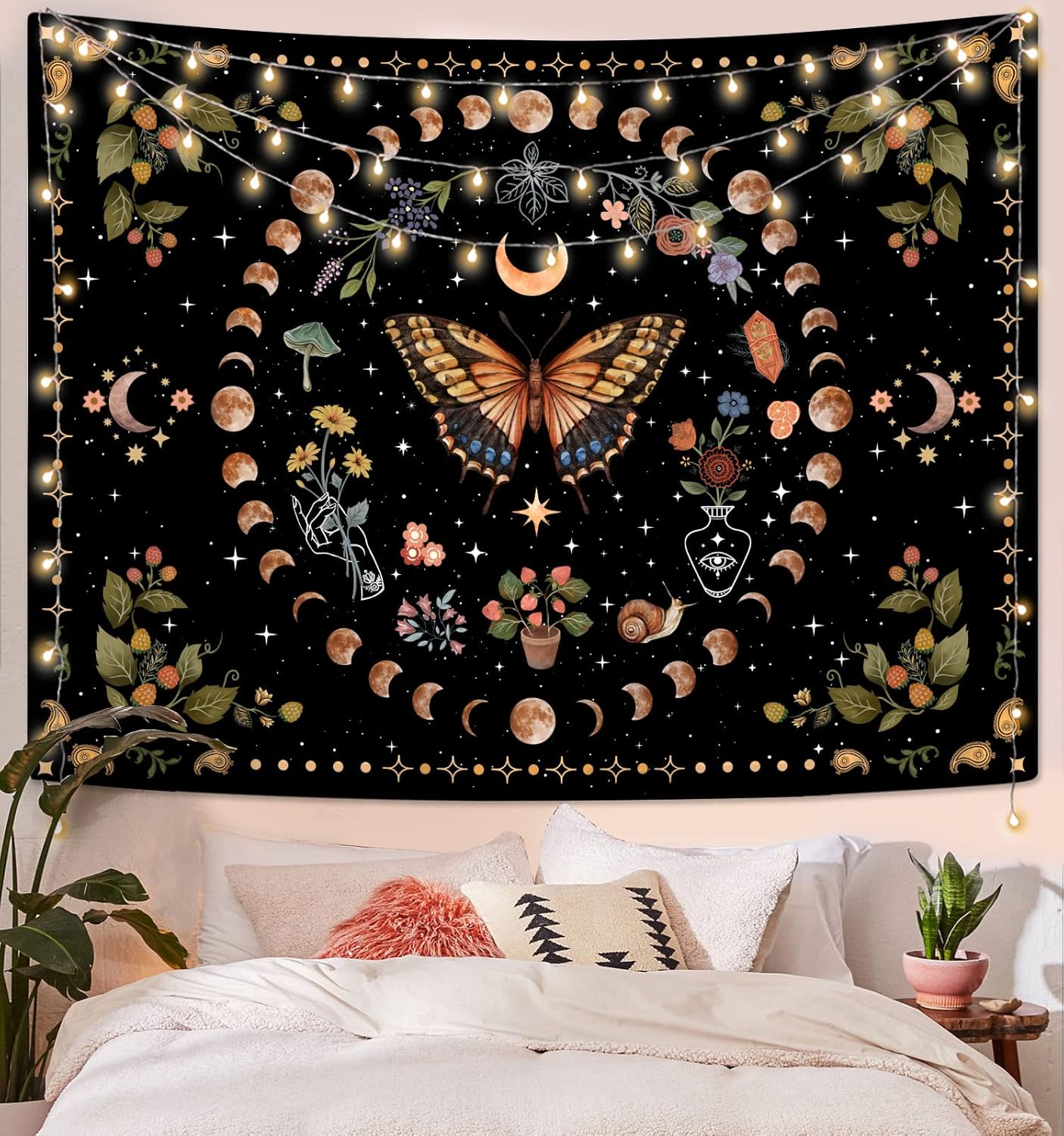 Aipon Yellow Butterfly Moon Flower Tapestry Botanical Floral Plant Boho Tapestry for Bedroom Aesthetic Vintage Tapestries Wall Hanging for Living Room Dorm (44.00'' × 60.00'', Yellow)