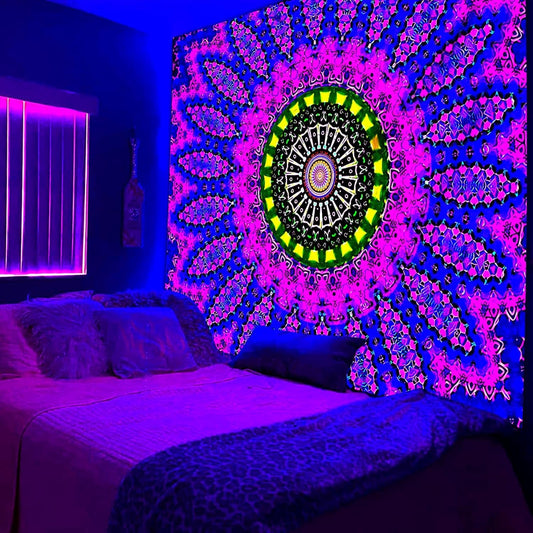 PSYHILAR Blacklight Mandala Tapestry for Bedroom, Large Black Light Posters for Adults and Teens, Red UV Reactive Aesthetic Bohemian Wall Art Decor (80 x 60 Inches)