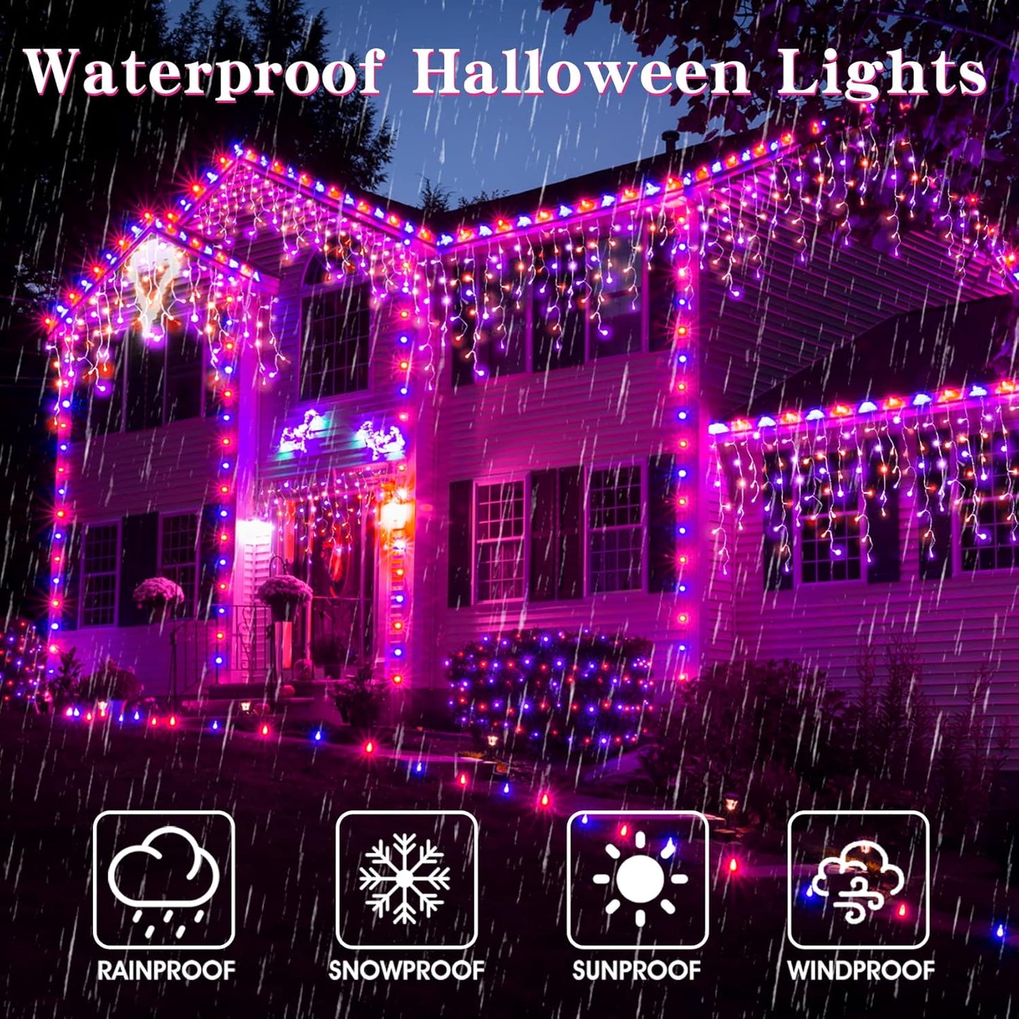 Halloween Icicle Lights Outdoor, 512 LED 46.5 FT 8 Lighting Modes with Timer & Memory, Curtain Fairy String Lights With 96 Drops for Halloween Decorations Holiday Party Eaves Yard (Purple & Orange)