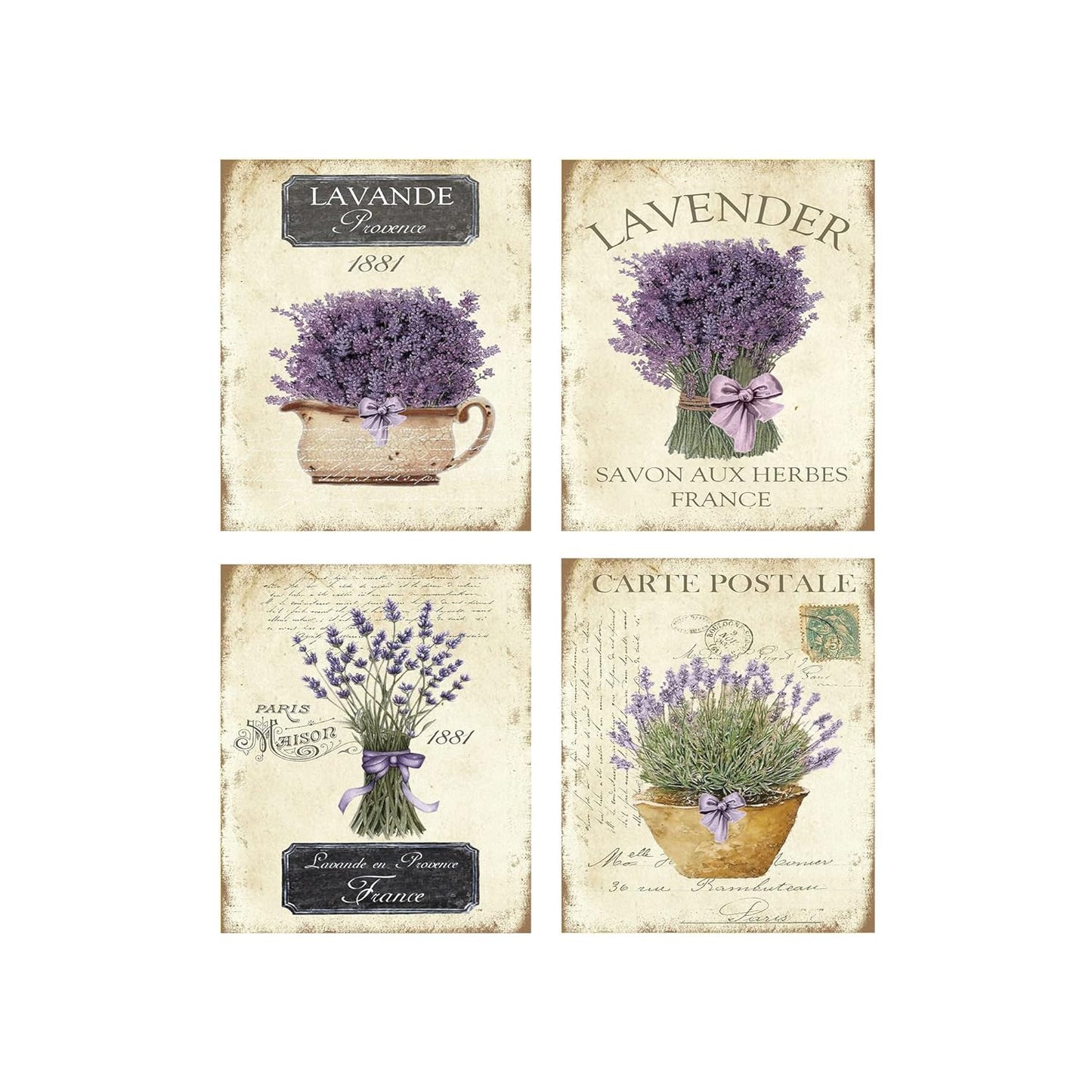 Twisted R Design Wall Art Canvas Prints - 4 Vintage Farmhouse Decor Prints - 8x10 Wrapped Canvas Floral-Themed Pictures - Made in USA Wall Art for Living Room, Bedroom, Office, More - French Lavender