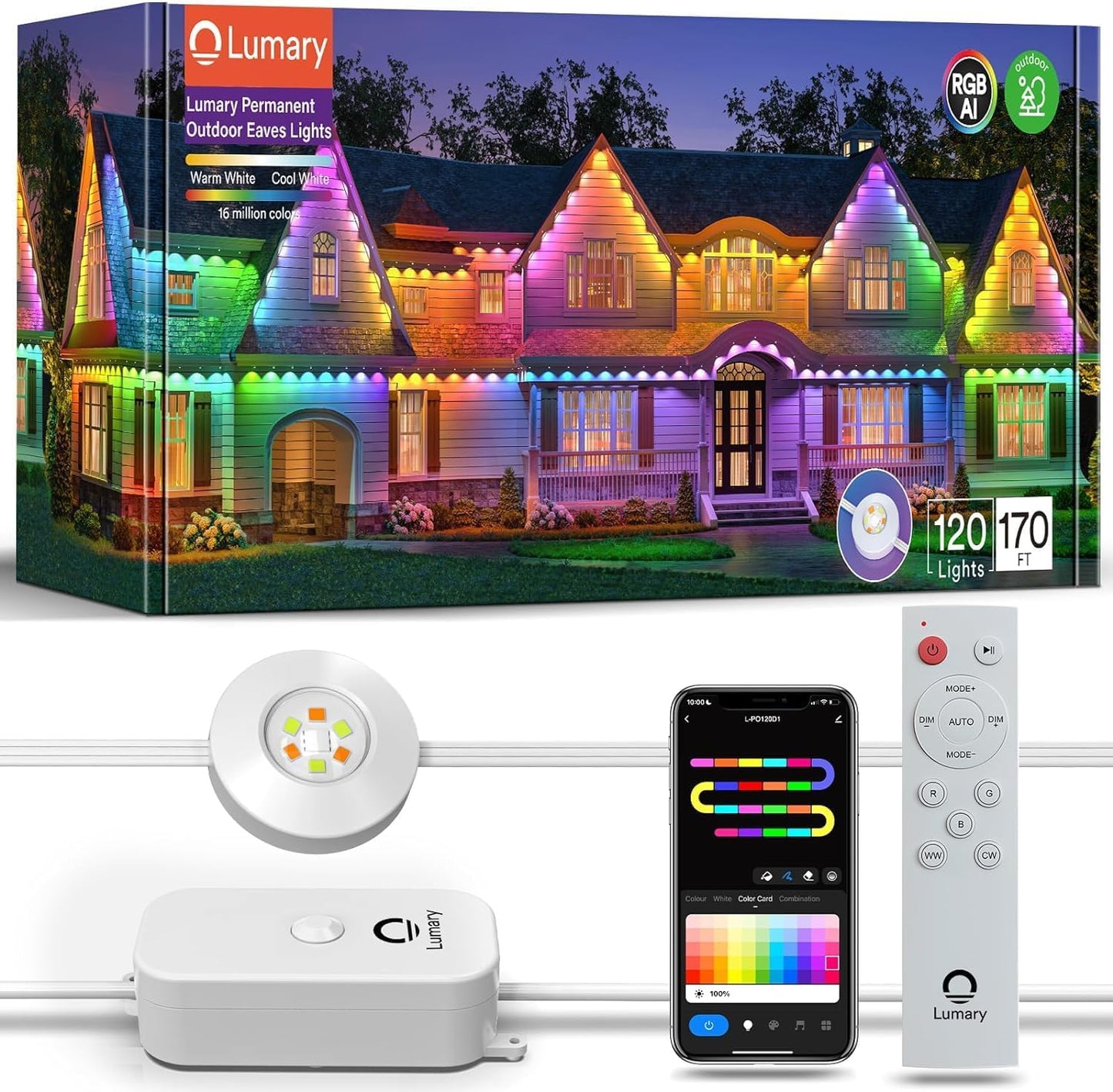 Lumary Permanent Outdoor Lights Pro 158ft for House, 120LED 50lm RGBAICW Smart Eave Lights, IP67 Waterproof, Multi Scenes for Daily and Holiday Accent Lighting Decor, Work with Alexa, Google, Remote