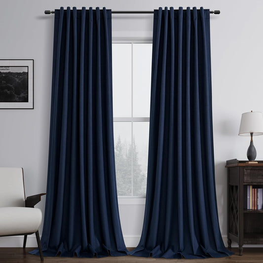 BOODII Navy Blue Linen 100% Blackout Curtains for Bedroom 102 Inch Long 2 Panels Window Curtain Floor to Ceiling Length for Living Room Sliding Glass Door Back Tab Room Darkening Drapes 52x102