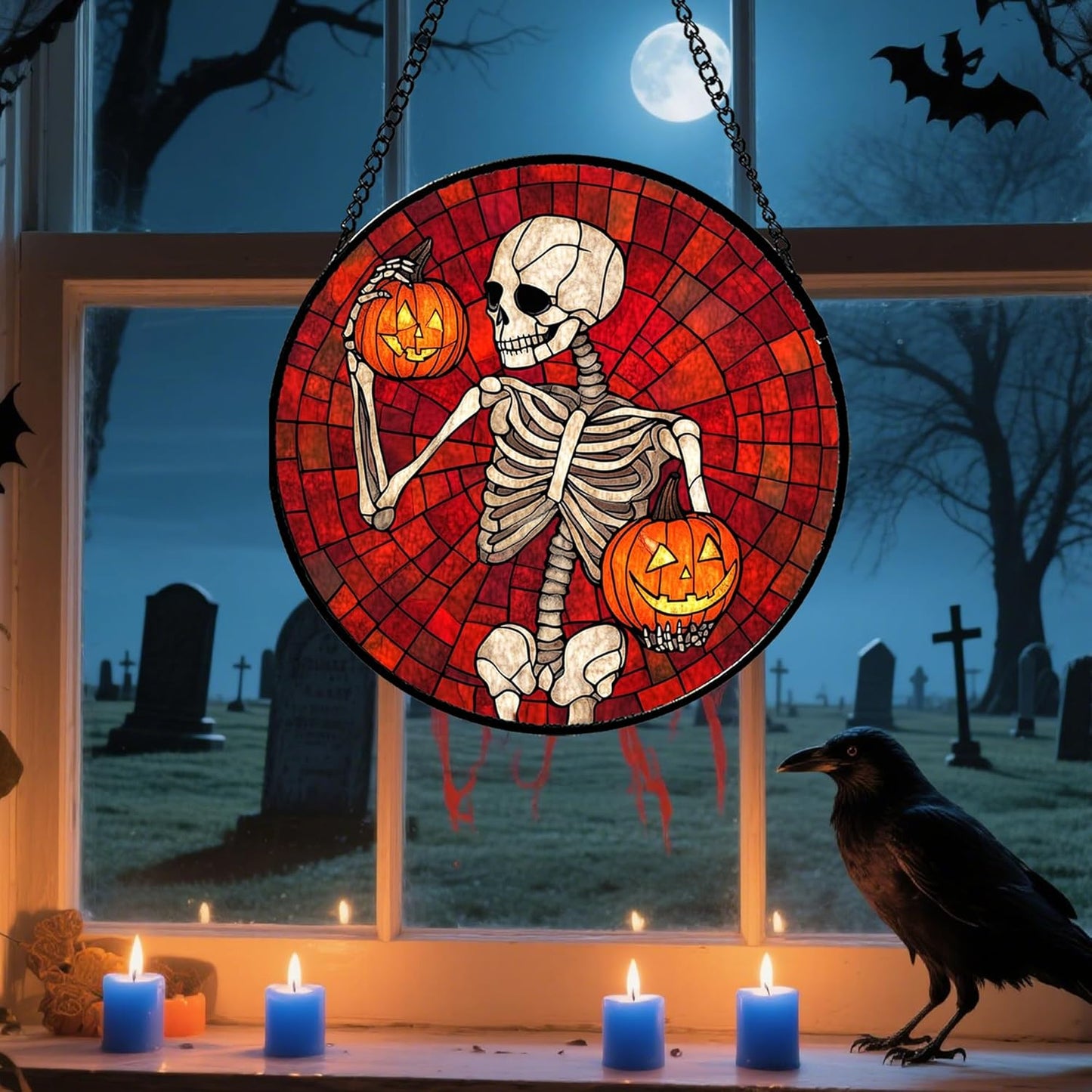 Stained Glass Window Hanging - Halloween Decorations Skeleton Pumpkin Suncatcher for Doors Garden Indoor Spooky Funny Sun Catchers Gothic Decor Horror Gifts for Women Men Friend 7.8 in
