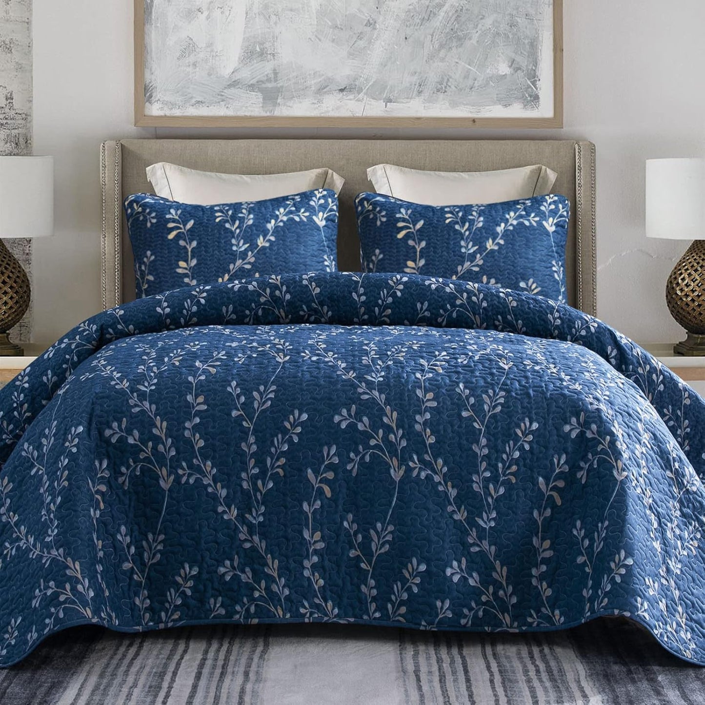 Exclusivo Mezcla Reversible Boho Quilt Set King Size, 3 Pieces Flowers Navy All Season Bedspreads, Ultra Soft Floral Coverlet Bedding Set with Printed Pattern (1 Quilt, 2 Pillow Shams)