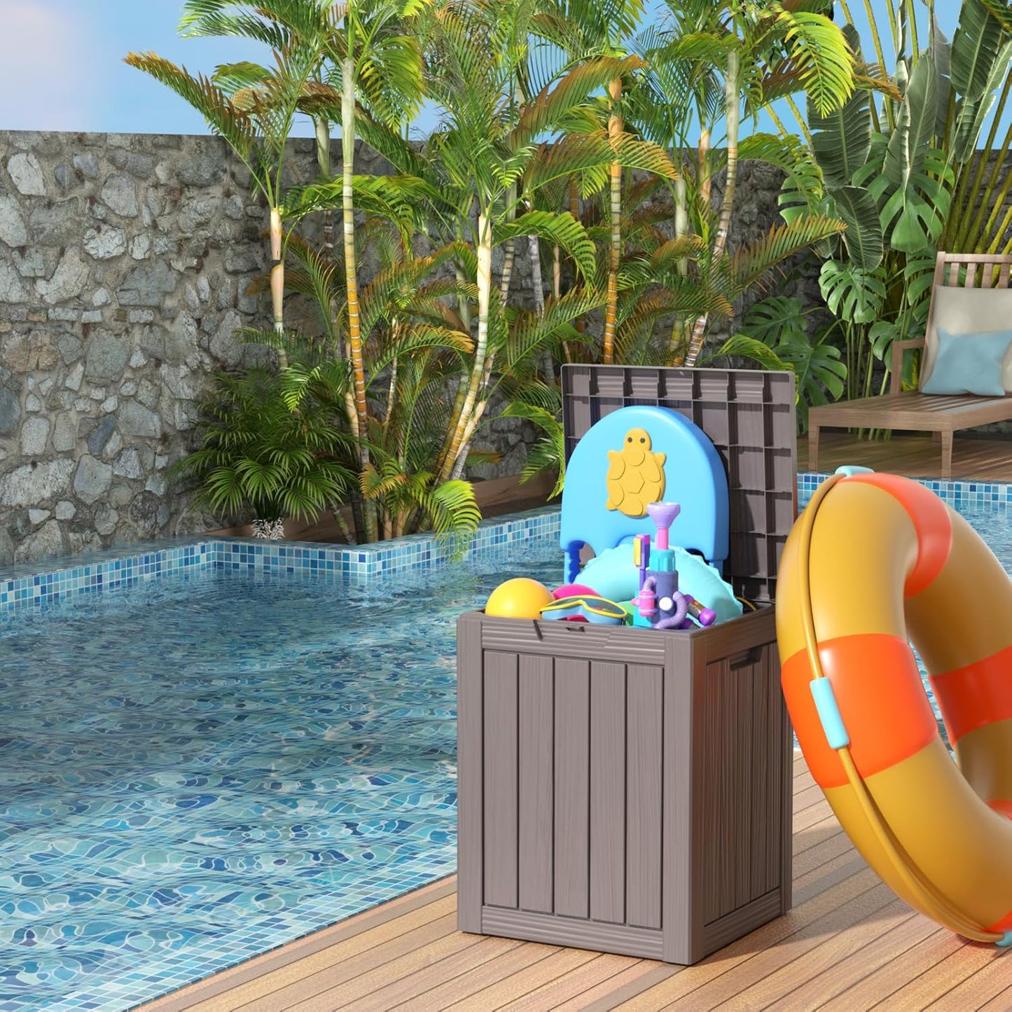 28 Gallon Resin Deck Box, Lockable Patio Outdoor Storage Box for Furniture, Garden Tools and Tools Storage, Waterproof Outside Storage Boxes - Grey