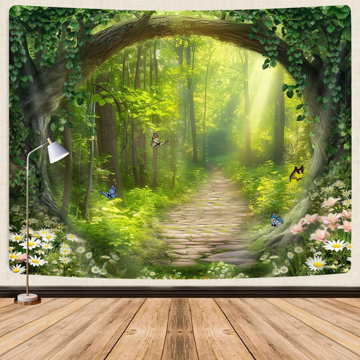 Nature Enchanted Forest Tapestry, Fantasy Green Jungle Woodland Lanscape Tapestries Wall Hanging, Psychedelic Fairy Tree Cave Forest Tapestry for Bedroom Backdrop Office, 60X40