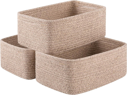 3 Pack Small Storage Baskets for Organizing, Cute Woven Decorative Gift Baskets for Shelves, Mini Closet Organizer Bins with Handles, 11.81''Lx7.87''Wx4.72''H-Brown