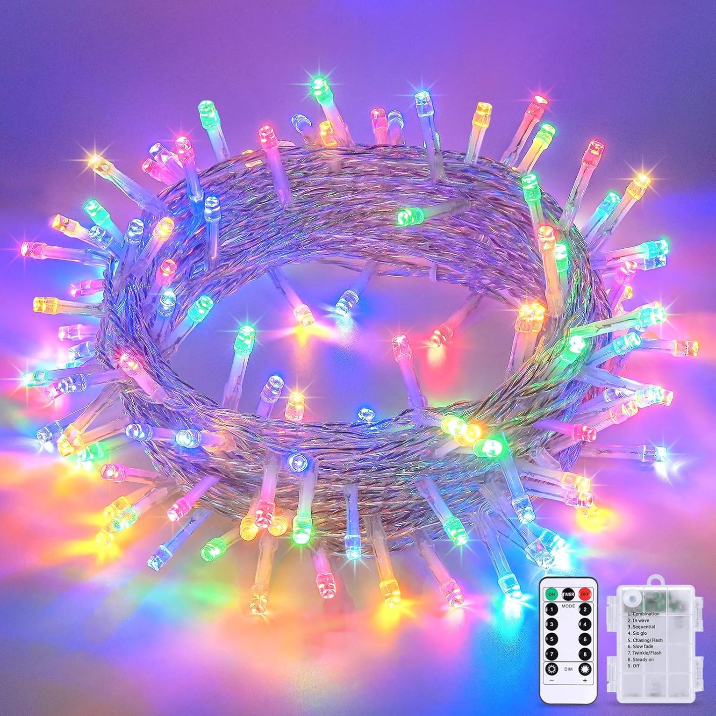 JMEXSUSS Multicolor Christmas Lights Battery Operated with 8 Modes Remote Waterproof, 33ft 100 LED Battery Christmas Lights Indoor Outdoor for Tree Home Party Room Garden Decor