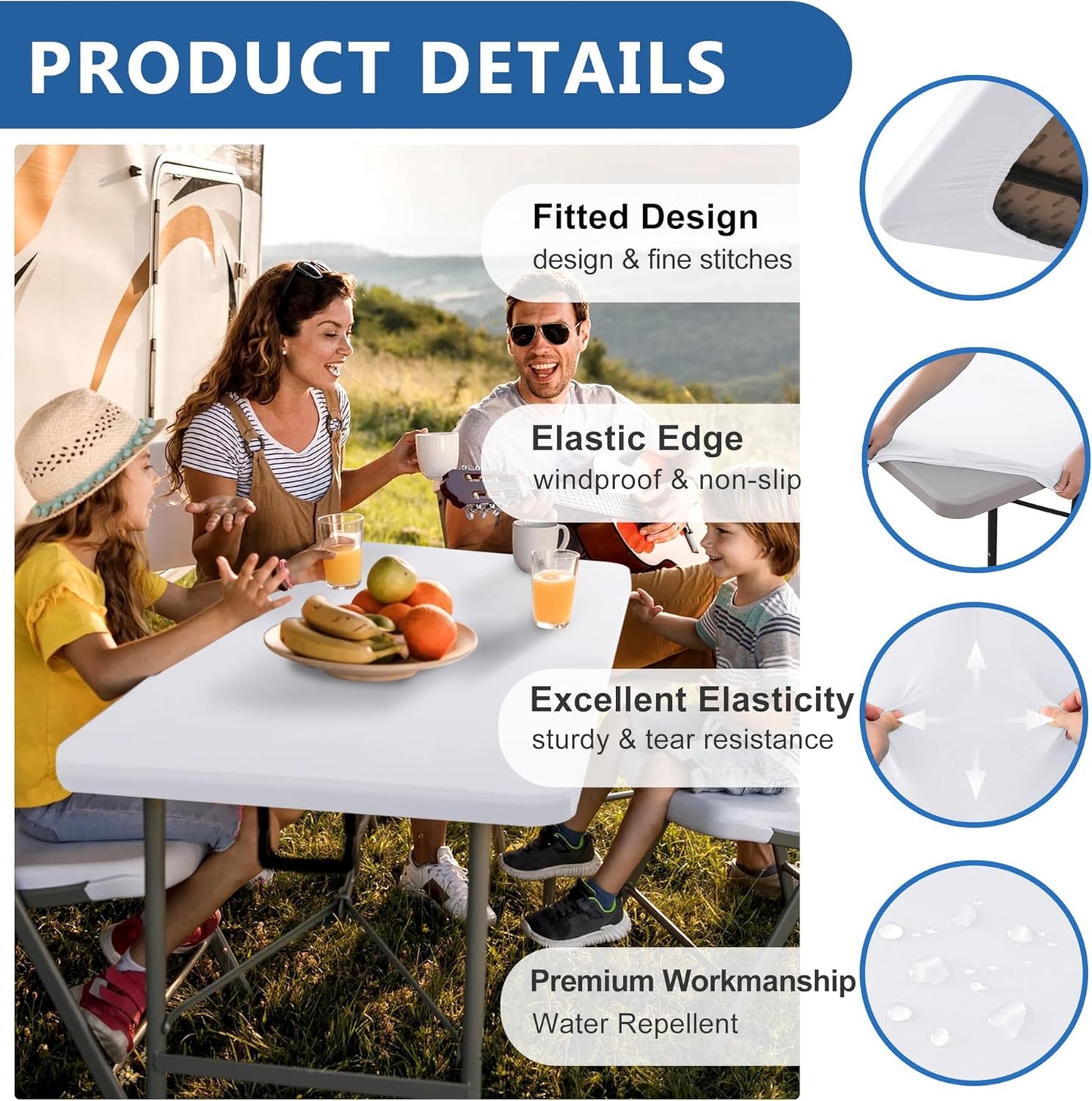 Fitted Tablecloth for 8 Foot Rectangle Tables-2 Pack White Elastic Outdoor Picnic Table Cover-Spandex Stretch Folding Table Cloths 8ft for Camping Dining Room Patio Kitchen Banquet Party