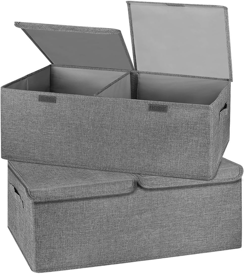 2 Pack Storage Boxes with Lids and Handles, Collapsible Linen Storage Bins Organizer Containers Baskets Cube with Removable Divider for Home Bedroom Closet Office (Grey, Small)