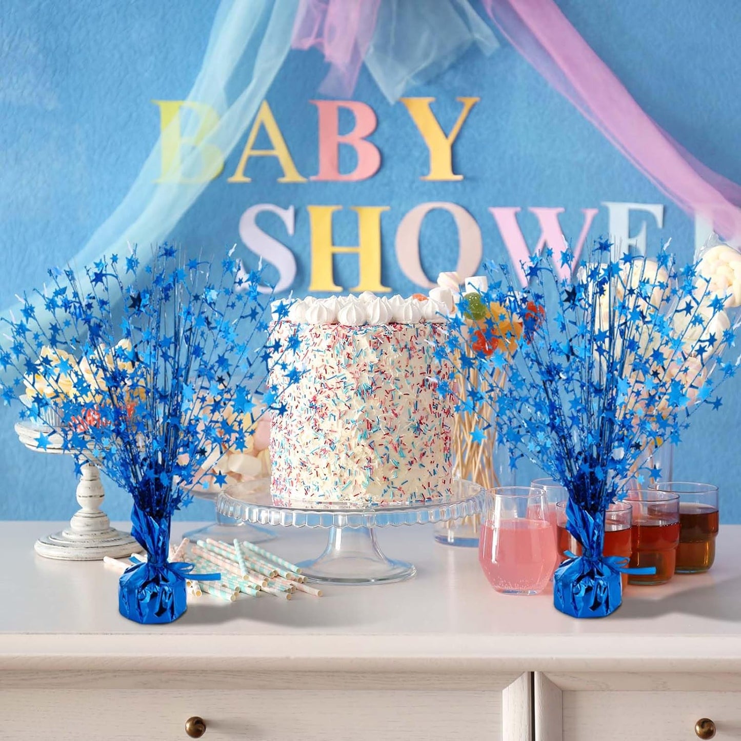 Crowye 18 Pieces Metallic Foil Spray Centerpiece Party Star Table Decoration Burst Metallic Table Centerpieces for Birthday Party Season Holiday(Blue)