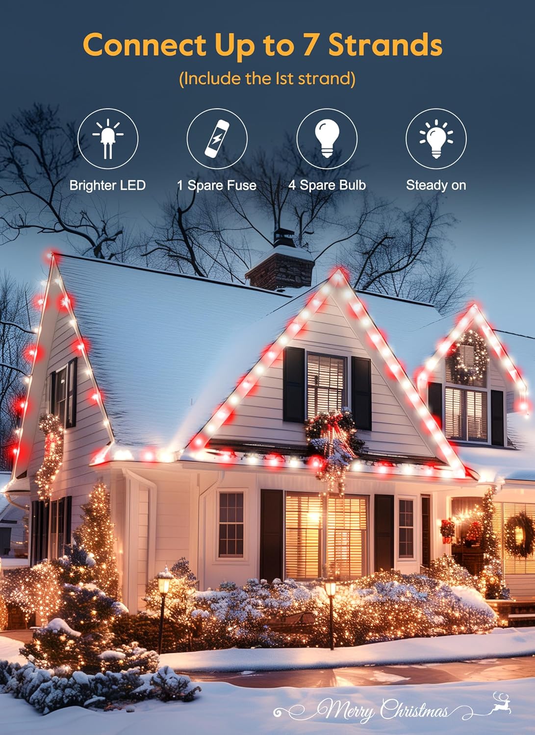 C9 LED Christmas Lights Outdoor, 100 Feet C9 String Lights with 100 Shatterproof Matte Bulbs, Connectable Waterproof Christmas Tree Lights for Holiday Roofline Backyard Garden Decor, Red & Pure White