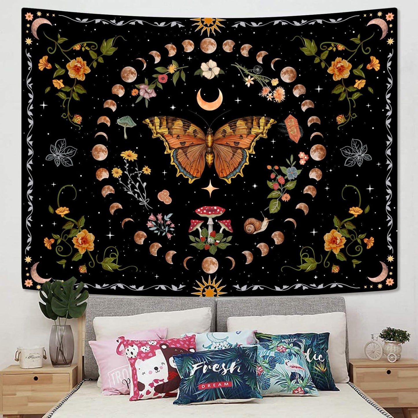 Aipon Orange Butterfly Moon Flower Tapestry Botanical Floral Plant Boho Tapestry for Bedroom Aesthetic Vintage Tapestries Wall Hanging for Living Room Dorm (68.00'' × 90.00'', Orange)