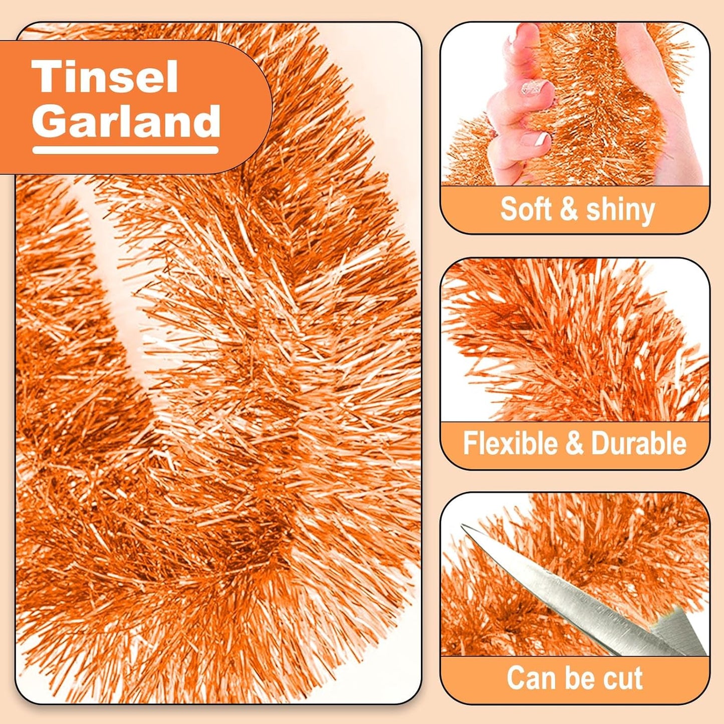 Macaron Metallic Twist Tinsel Garland - 25ft Wall Hanging Backdrop for Christmas, New Year & Valentine's Day Parties (Orange, 4in x 25ft)