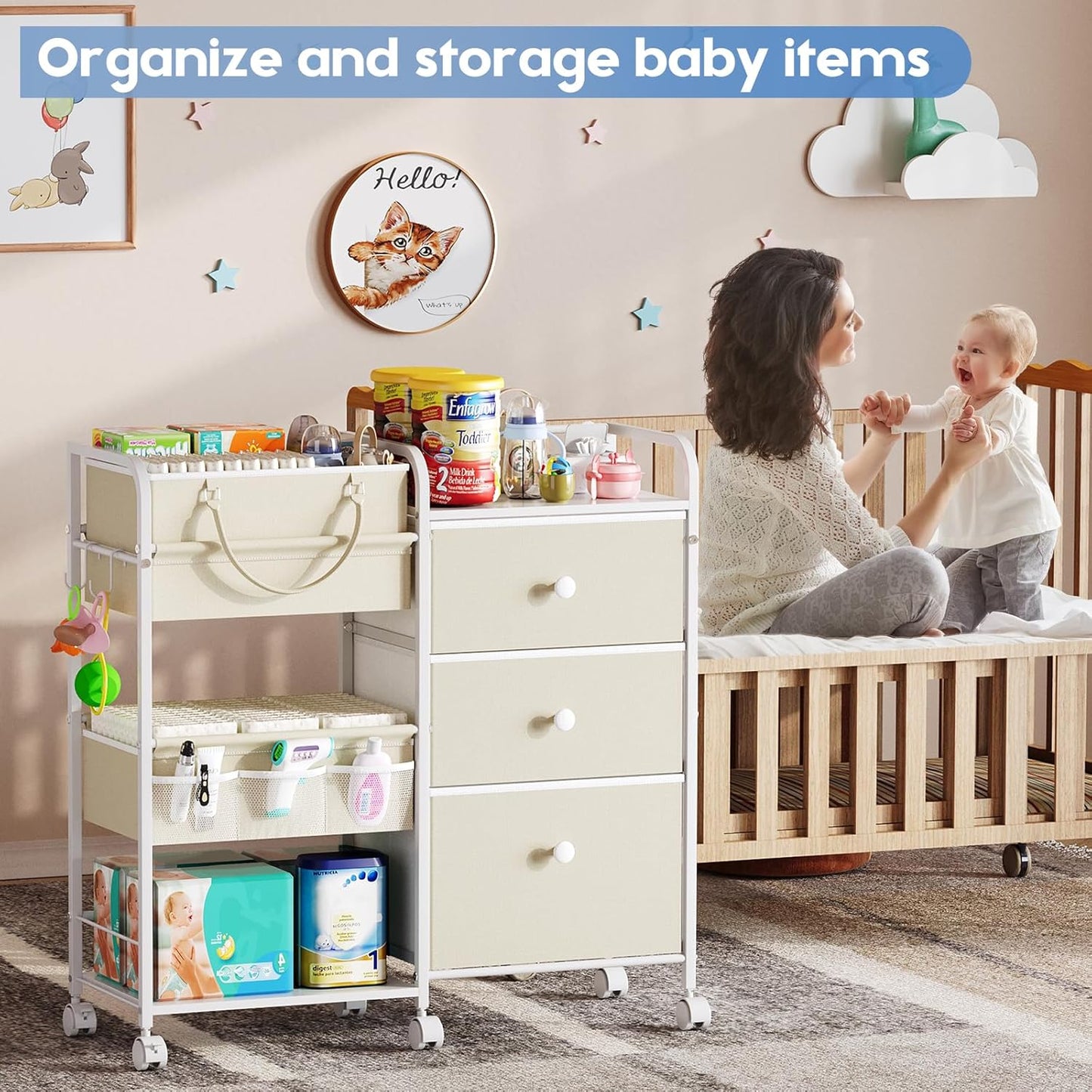 2In1 Baby Diaper Caddy Organizers and Storage, 3 Tier Rolling Cart with Dividers and Drawers, Mobile Utility Cart Baby Dresser Clothes Organizer for Changing Table, Crib Nursery, Bedroom