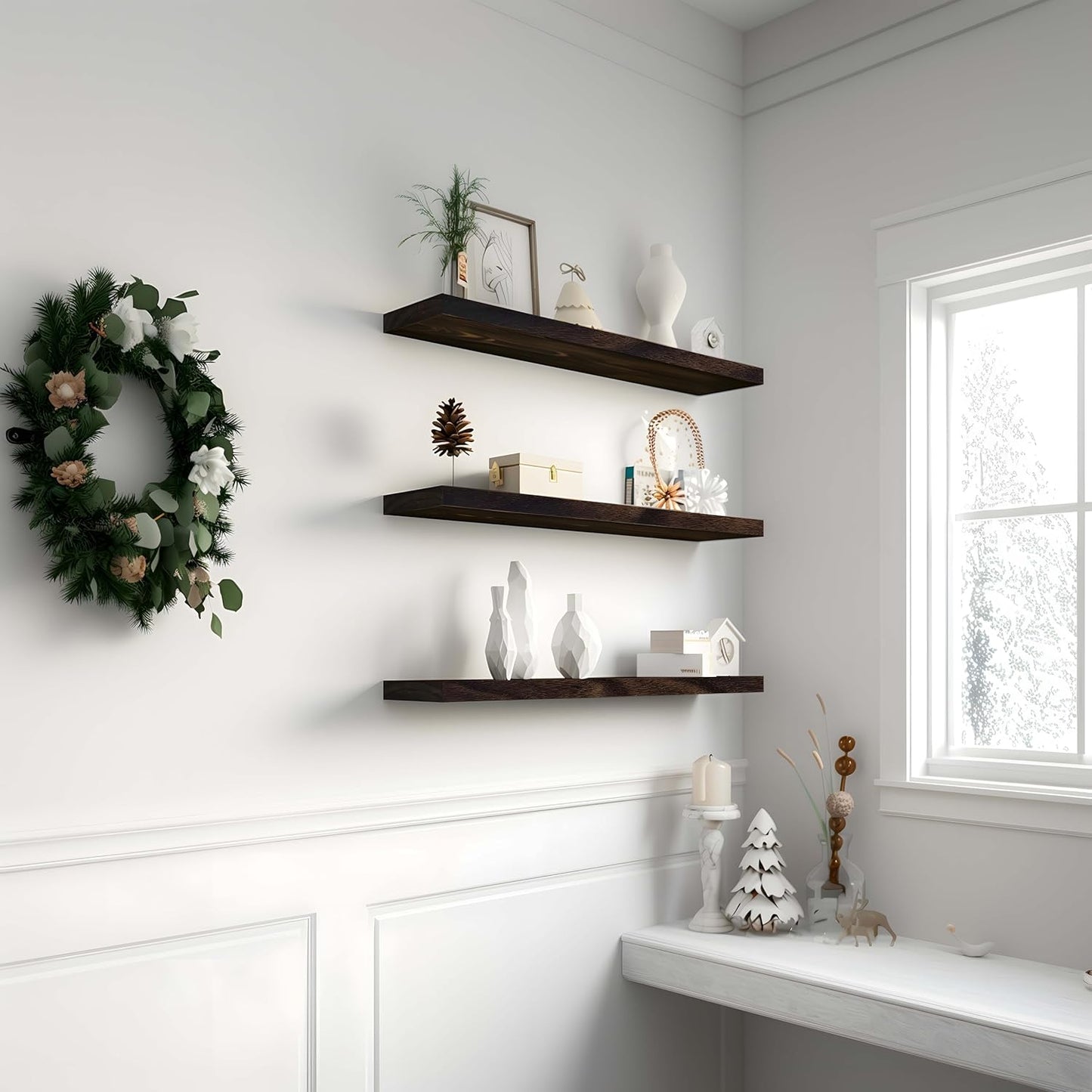 Wood Floating Shelves for Wall Decor, Rustic Wall Shelves for Bedroom Bathroom Kitchen Living Room, Set of 4 Walnut 24 Inch