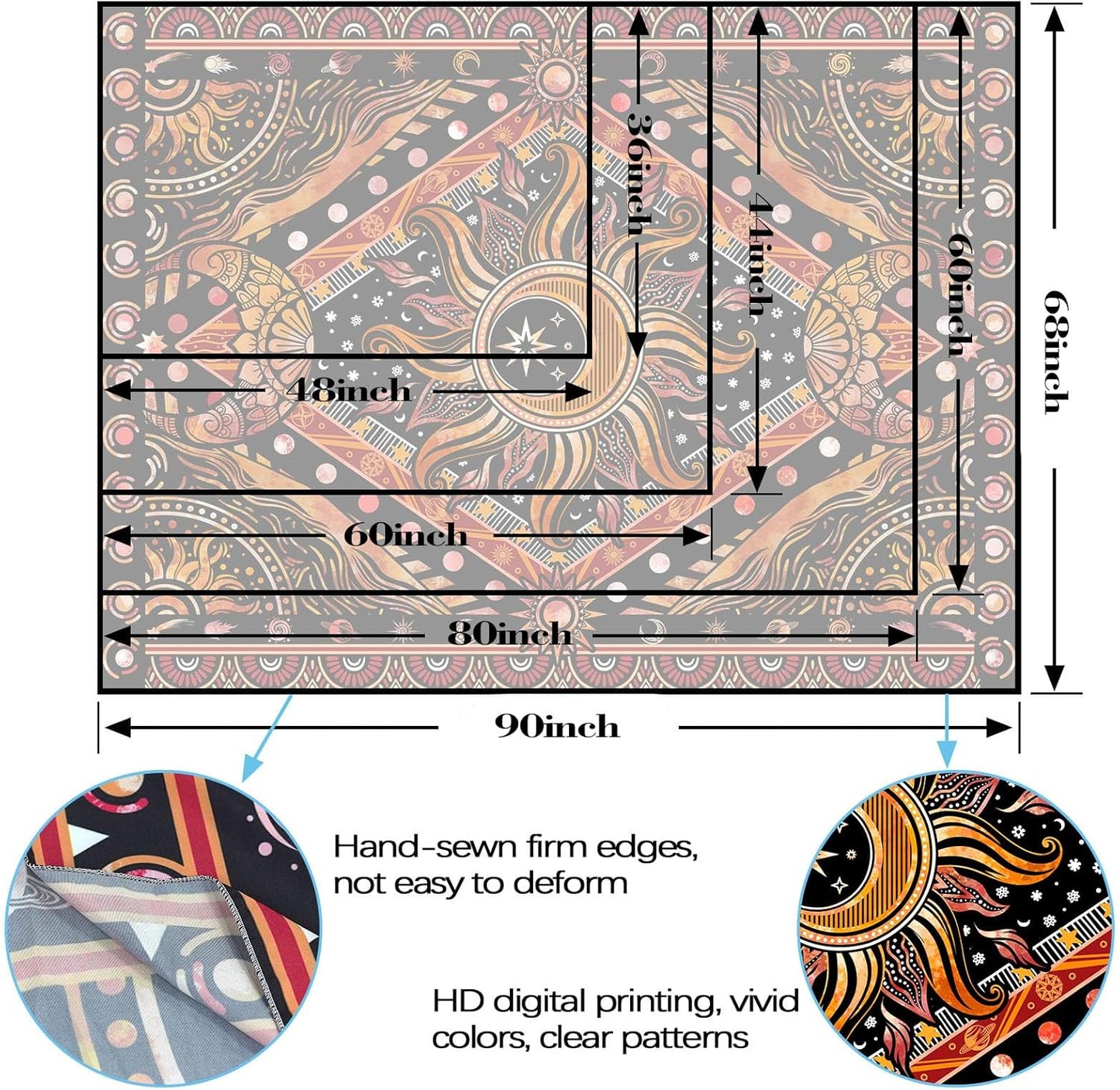 Lunerfex Hippie Sun and Moon Tapestry Bohemian Celestial Tapestries Aesthetic Tapestry for Bedroom and Living Room Decor Sun and Moon 36×48 Inches