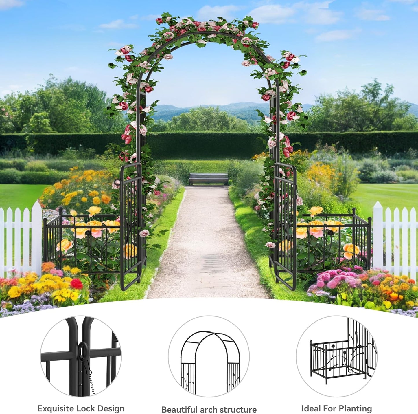 YITAHOME 87" H Metal Garden Arbor with Gate & Planter Boxes, Black Archway for Weddings Ceremonies, Garden Arch Outdoor for Roses & Climbing Plants on Patio, Lawn & Backyard